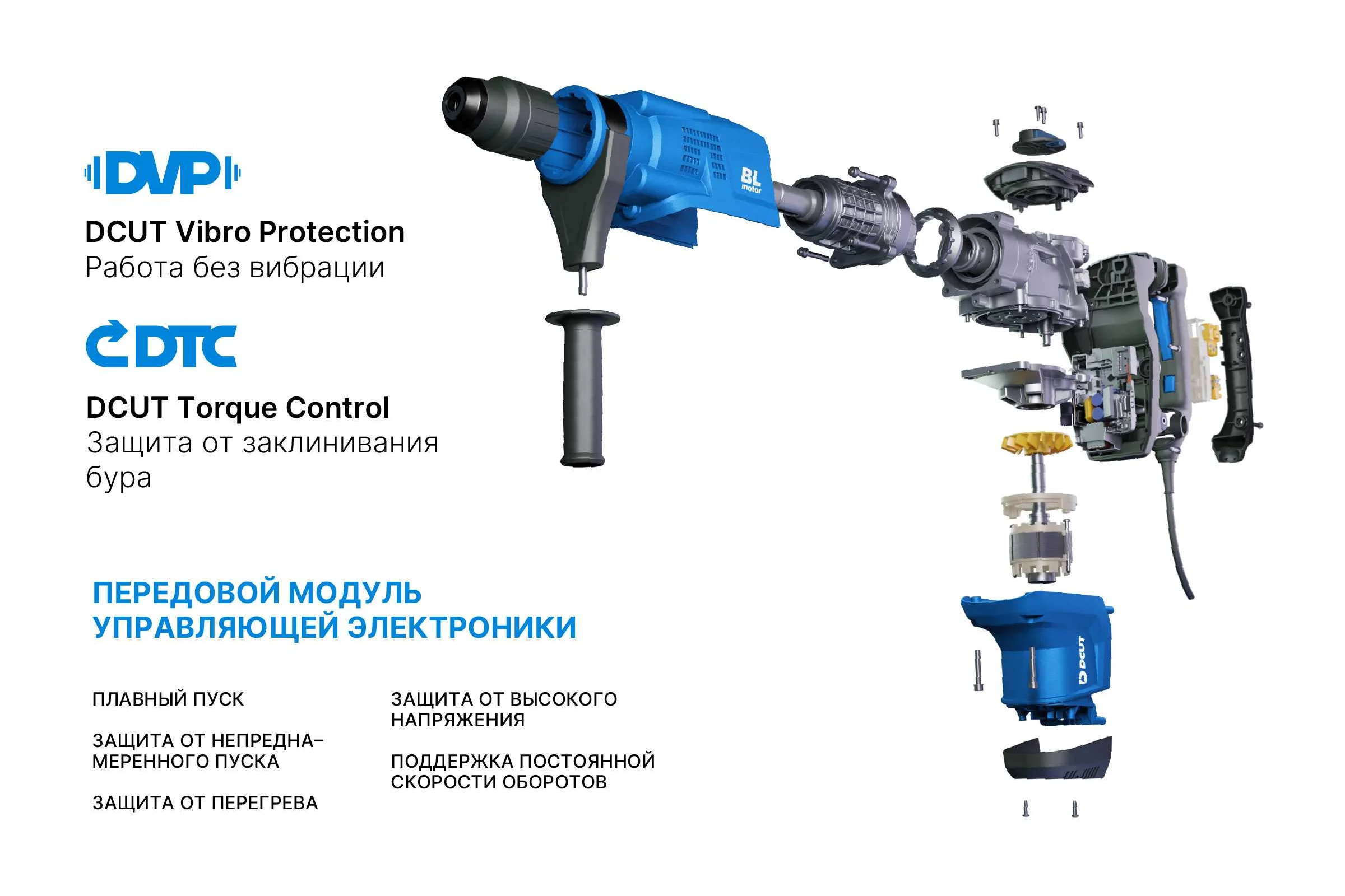 Перфоратор DCUT SDSmax, бесщёточный, 1500Вт, 2реж, 15Дж, 1500-3000у/м, 9кг, DBRJ1530-SP2
