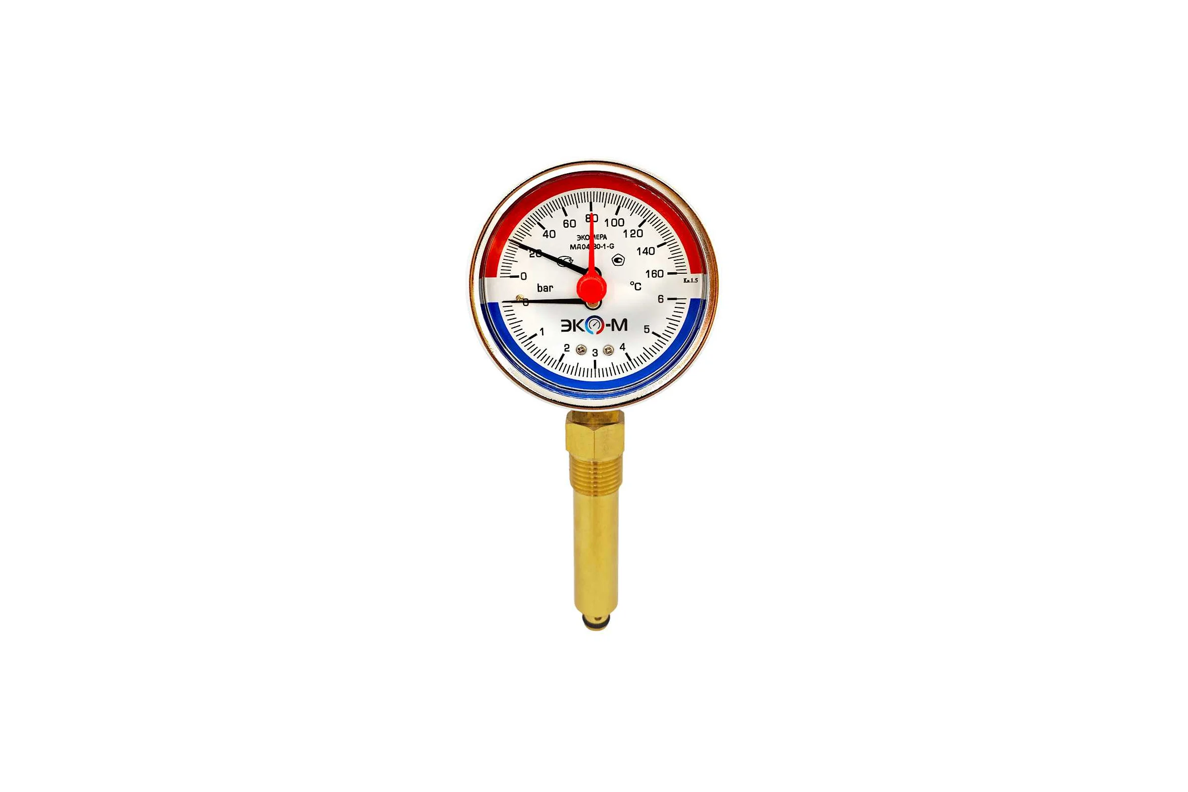 Термоманометр ЭКО-М МД04-80мм 0..6бар 0..160С G1\4 L=60mm с переходником на G1\2
(ТН ВЭД 9026204000) МД04-80-G-6-160-L-60-РИ