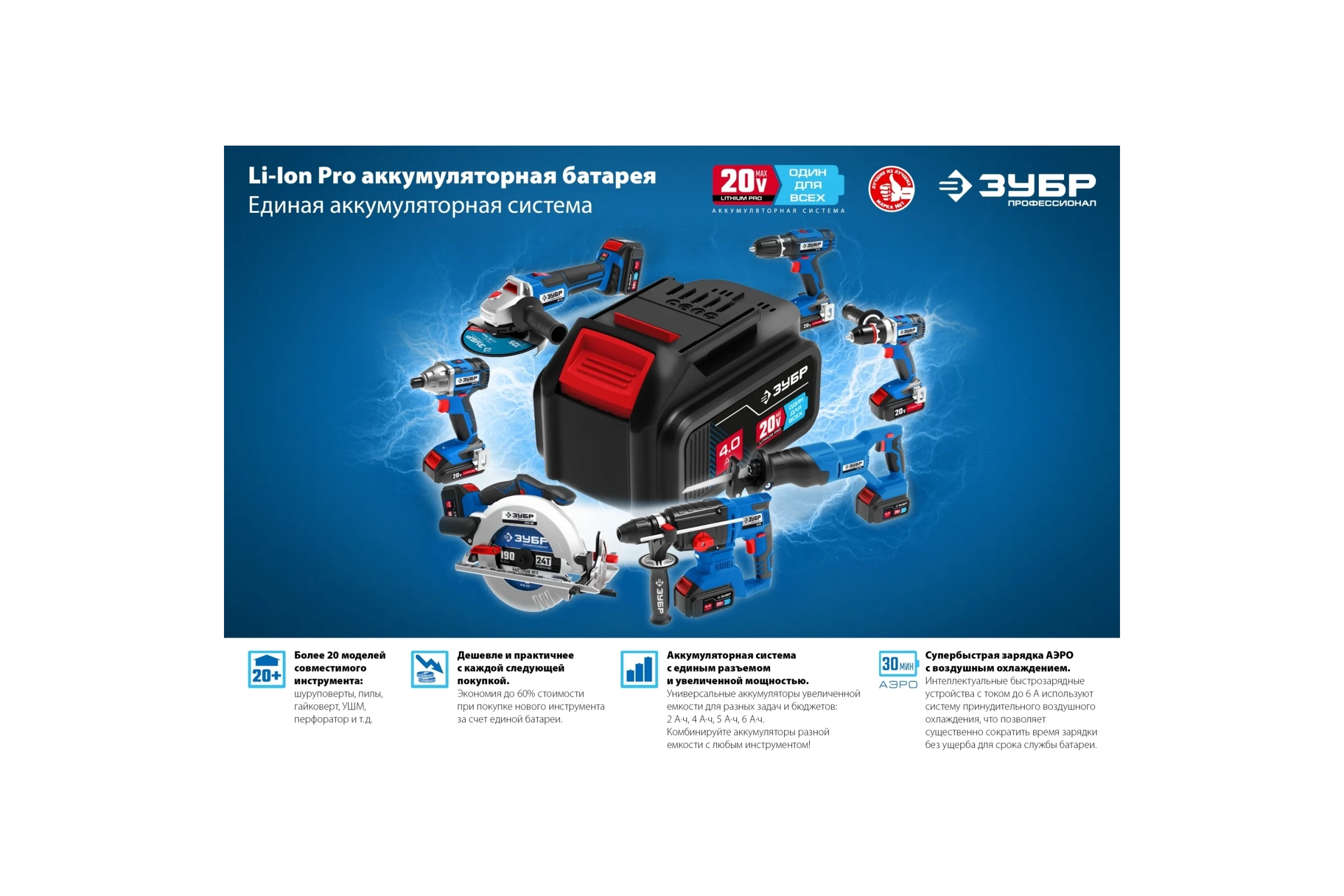 Аккумуляторная батарея ЗУБР Профессионал 20В, Li-Ion, 2Ач, тип T7 ST7-20-2