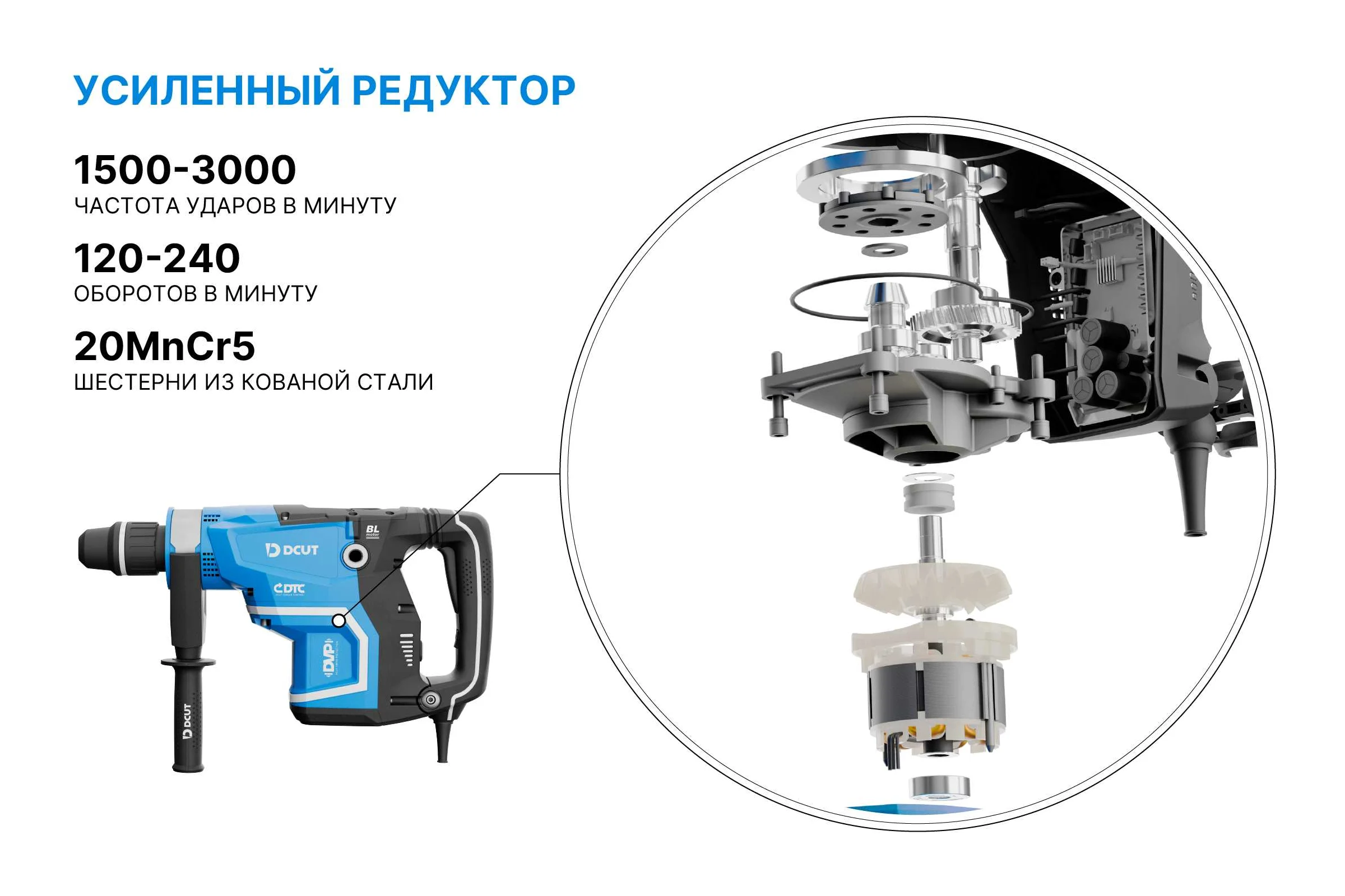 Перфоратор DCUT SDS max, бесщёточный, 1600Вт, 2реж, 18Дж, 1500-3000у/м, 10,3кг. DBRJ1816 DBRJ1816-SP2