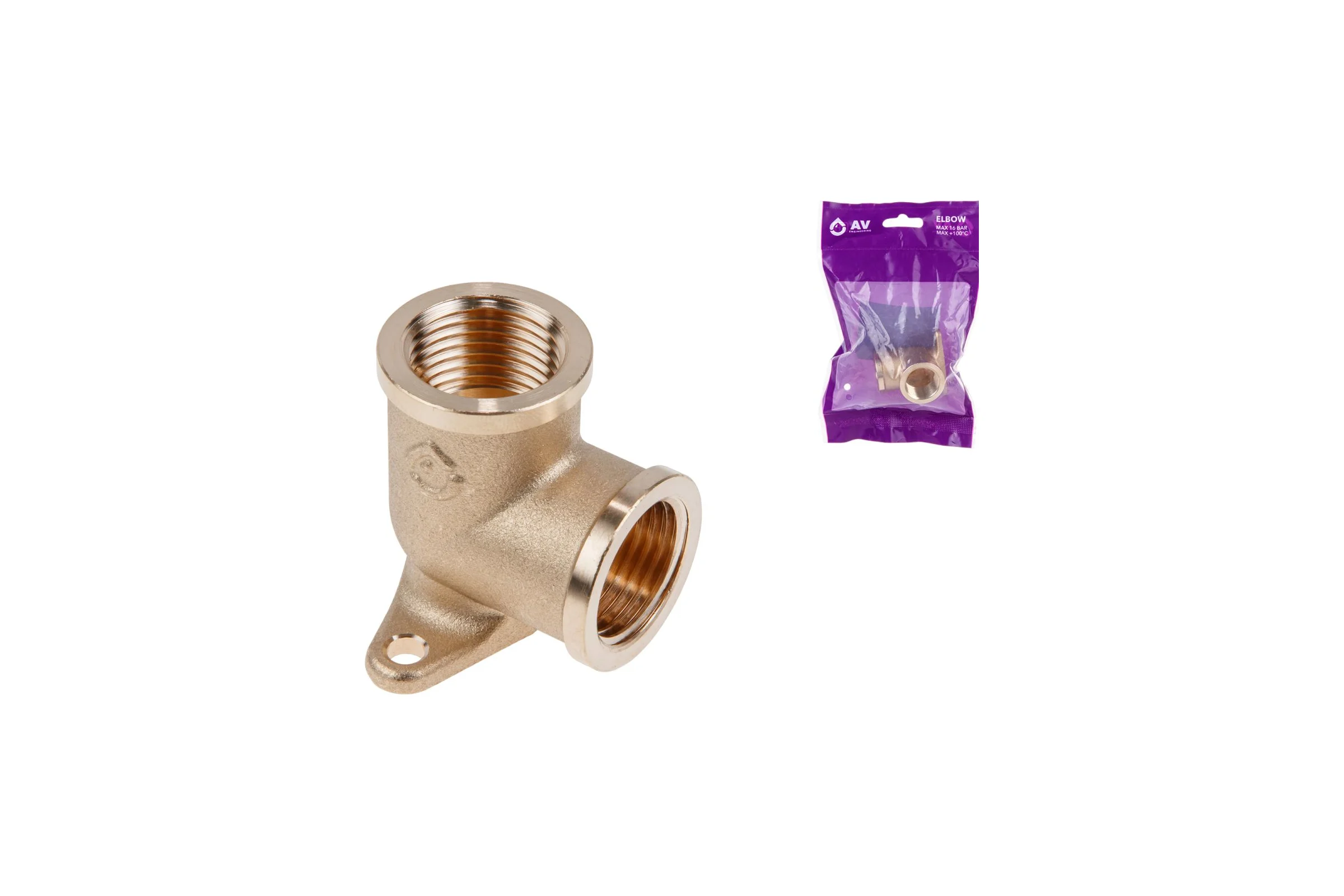 Угольник латунный AV Engineering 1/2" с внутренней резьбой с креплением AVE307008 ЦЗ-3102628860
