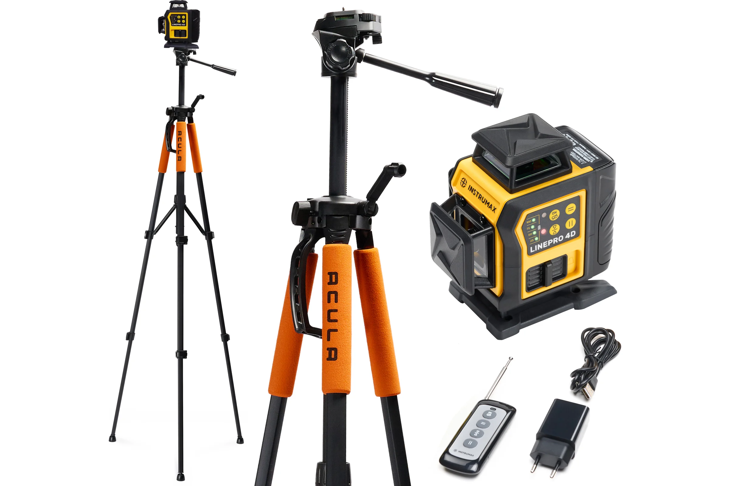 Комплект Профессиональный лазерный уровень INSTRUMAX LINEPRO 4D BAZA SET + Штатив (для лазерного уровня, усиленный, подъемный механизм, ¼ дюйма) ACULA STAND 1700 IM0213