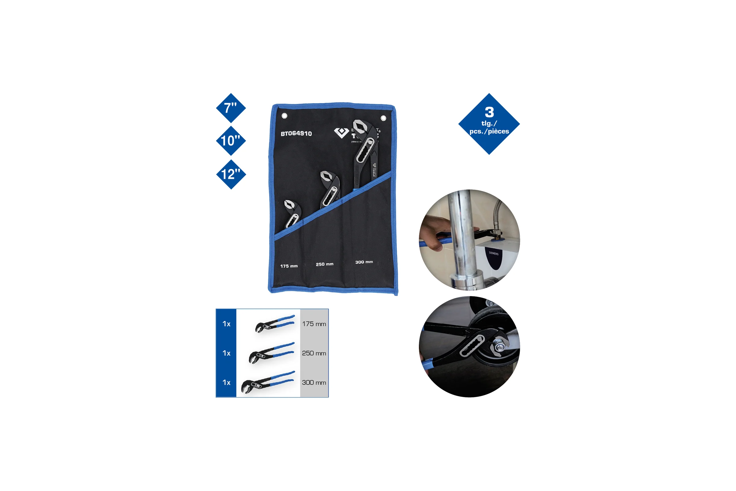 Набор переставных сантехнических клещей Brilliant Tools 7, 10, 12 дюймов 3 шт.  BT064910