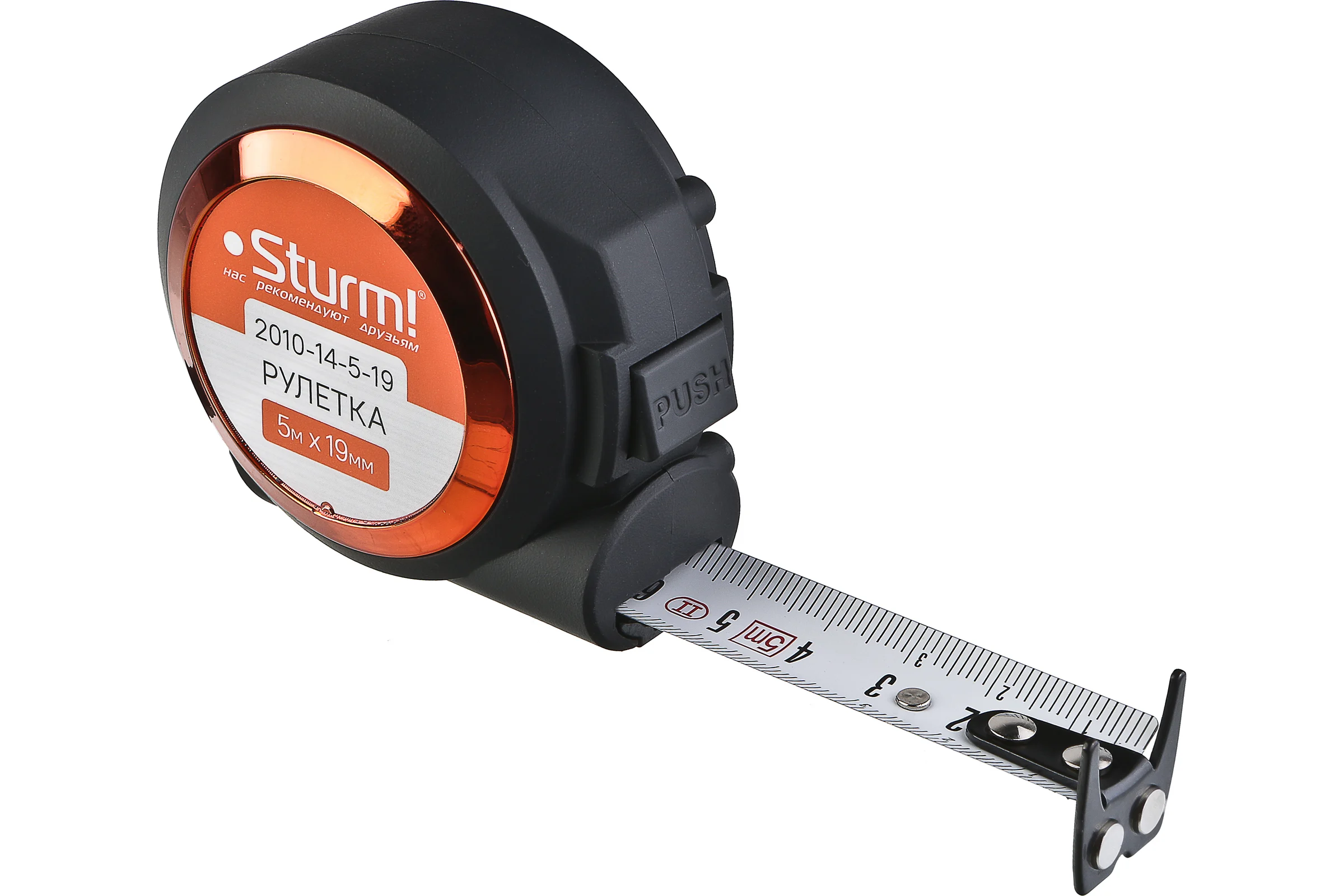 Рулетка с автостопом Sturm 5x19мм, soft touch, 2x сторонняя шкала, магнит 2010-14-5-19