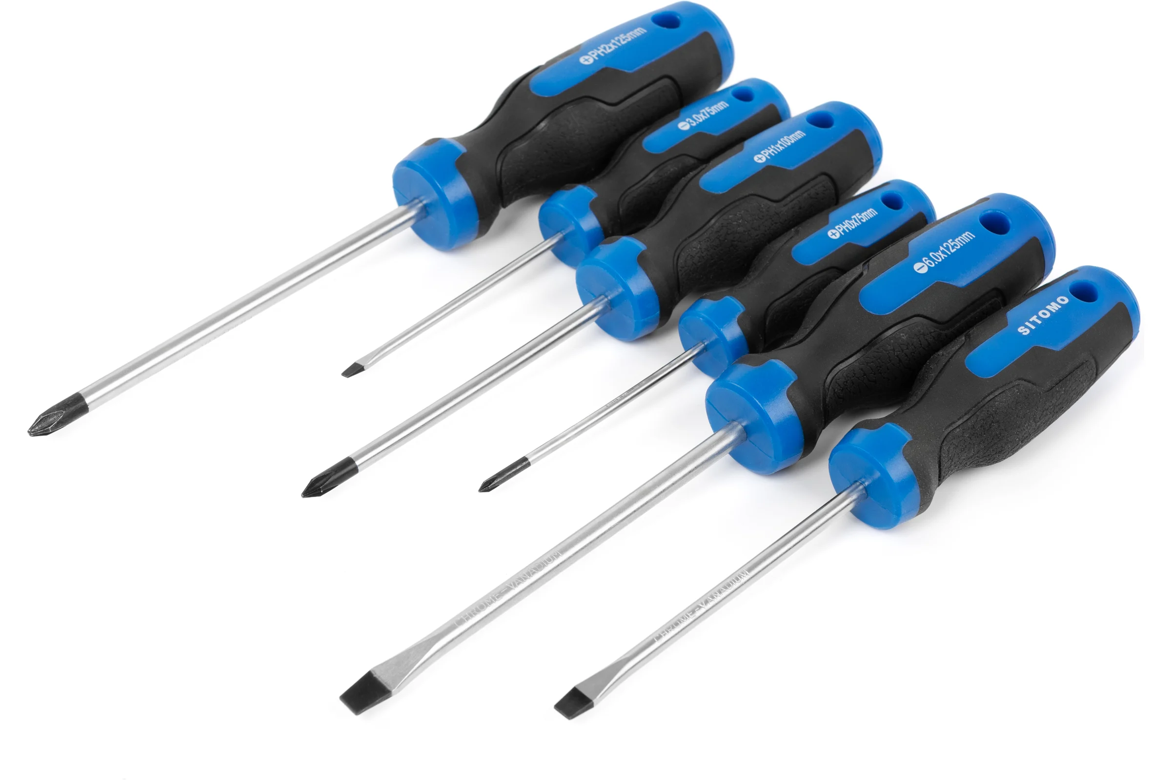 Набор отверток SITOMO, 6 шт (SL3×75, SL5×100, SL6×125, PH0×75, PH1×100, PH2×125), CrV 1162400