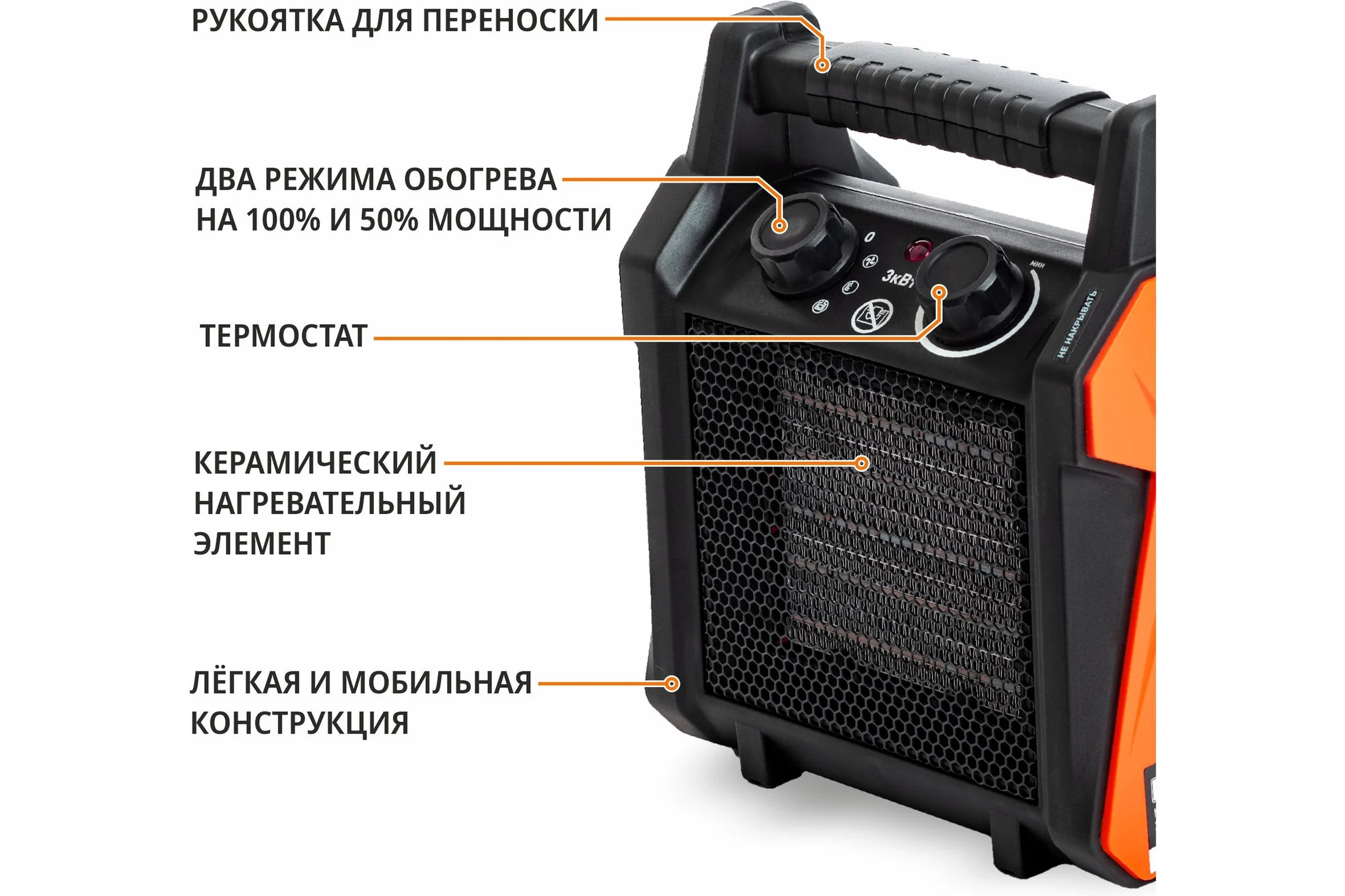 Пушка тепловая электрическая MAXPILER 2/3кВт, 210м³/ч, обогрев 30м², керамический нагреватель, защита MEH-3000