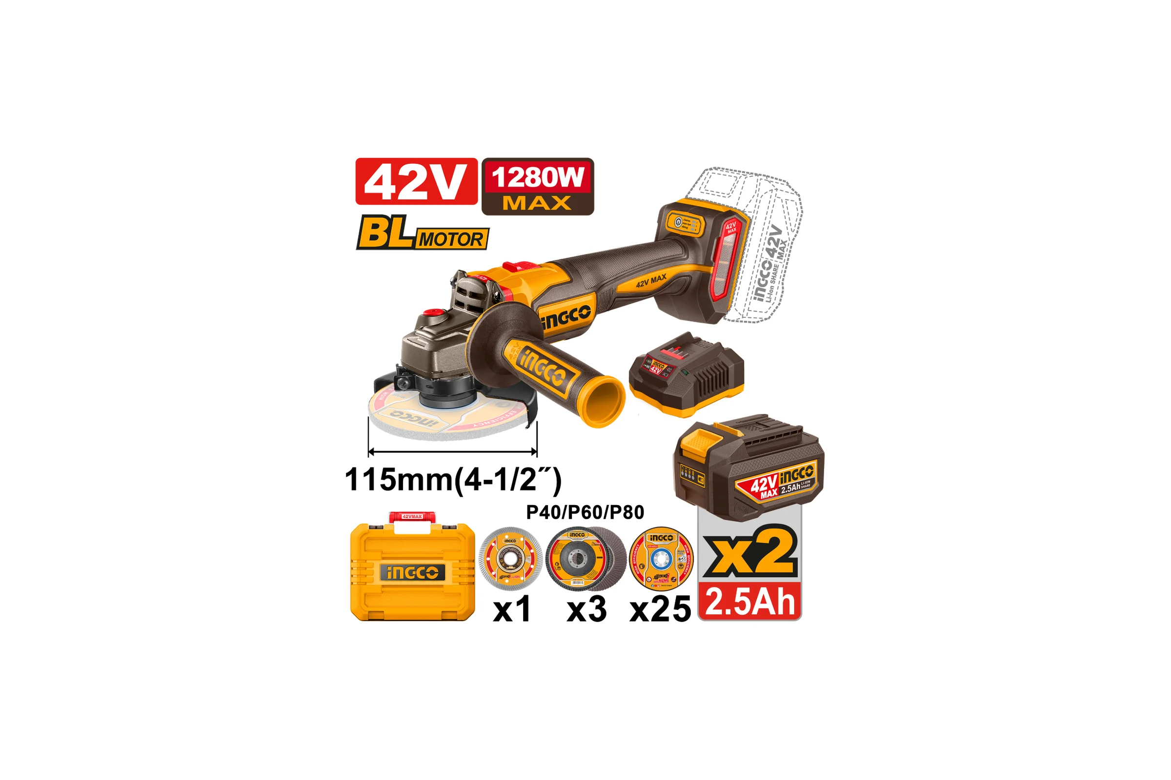 Аккумуляторная УШМ INGCO 42В 115 мм, б/щ (4) INDUSTRIAL CAGLI4128112