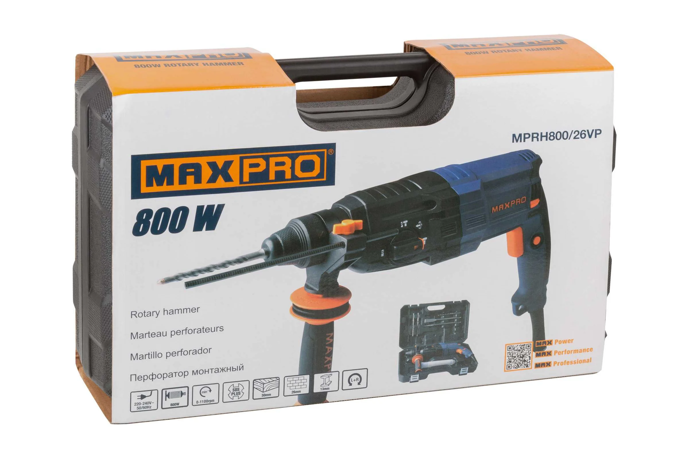 Перфоратор монтажный MAX-PRO 800 Вт, 0-1100 об/мин, 2,8 Дж, 3 режима, Д/Б/М-30/26/13, 3,4 кг, SDS-PLUS, антивибрационная ручка, резиновые вставки, рез 85084