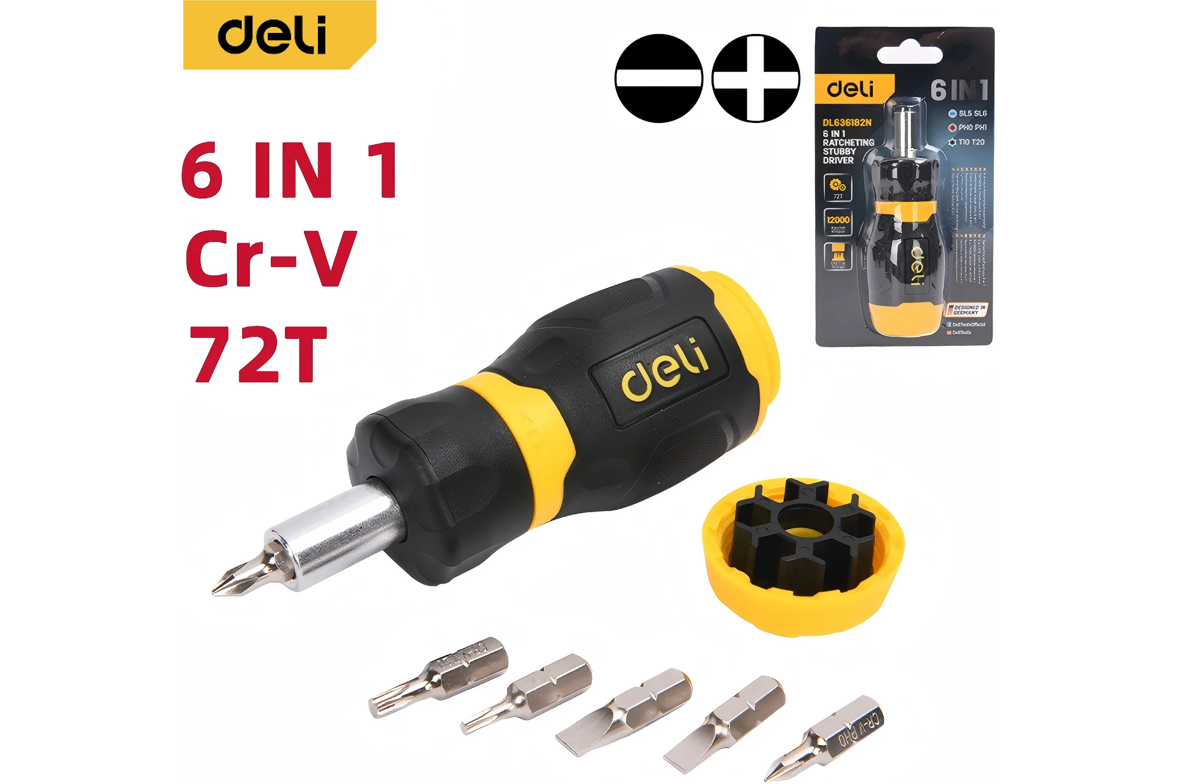 Отвертка с трещоткой с набором бит 6-в-1 DELI DL636182N Cr-V сталь, биты SL5,SL6,PH0,PH1,T10,T20, трещотка 72 зуба 225426