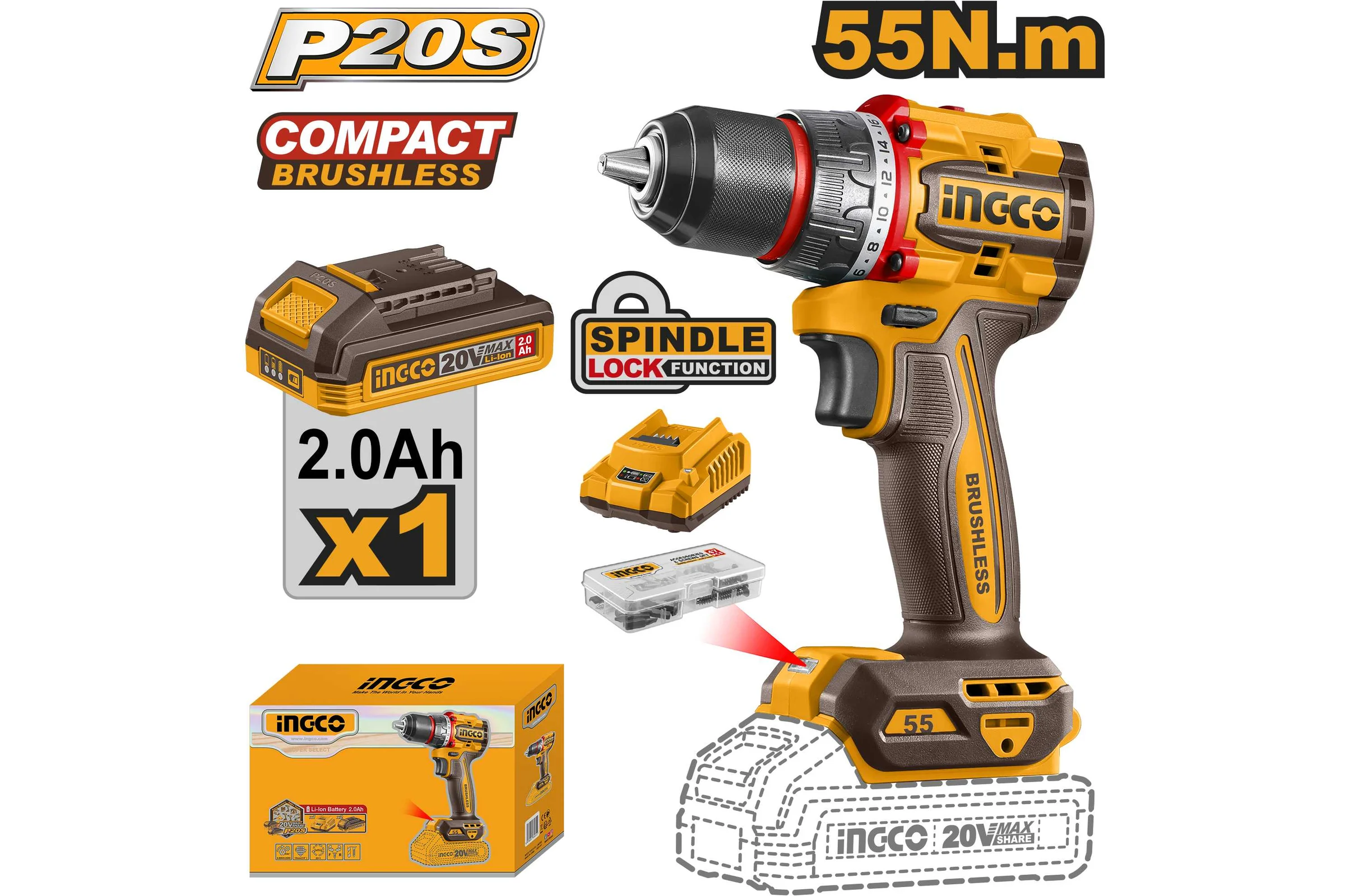 Бесщеточный шуруповерт INGCO 55Нм 20В, б/щ INDUSTRIAL CDLI205582