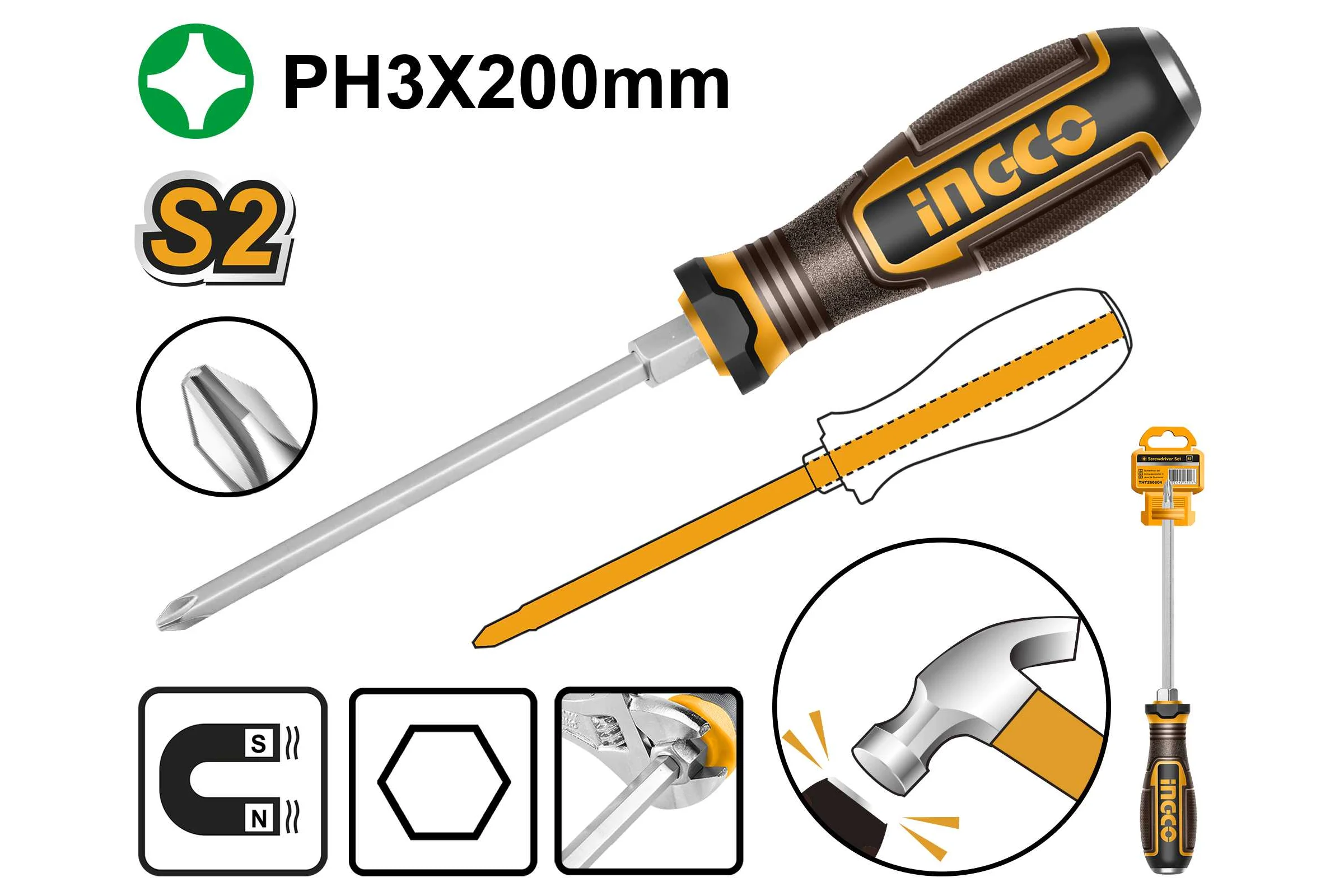 Отвертка ударная крестовая INDUSTRIAL INGCO PH3x200 (12/72) HGTPH3200