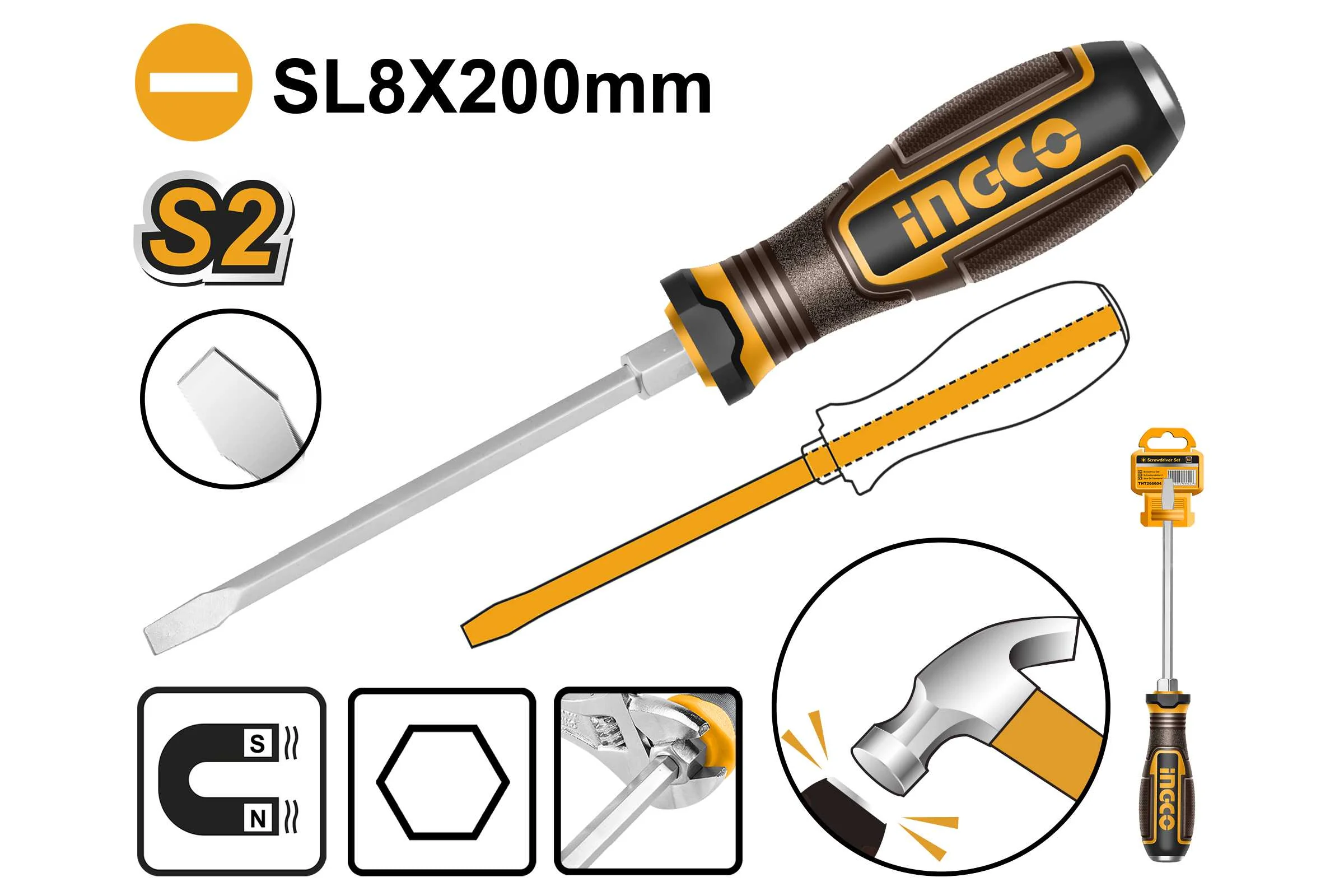 Отвертка ударная плоская INDUSTRIAL INGCO SL8x200 (12/72) HGTSL8200
