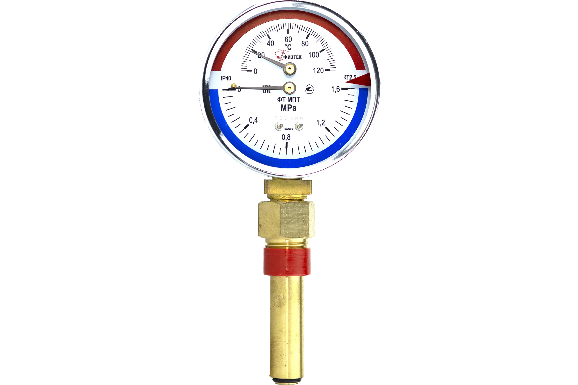 Термоманометр Физтех МПТ 0…120C/0…1,6 МПа кт.2,5 d.100 IP40 G1/2 РШ L46 4687205631053
