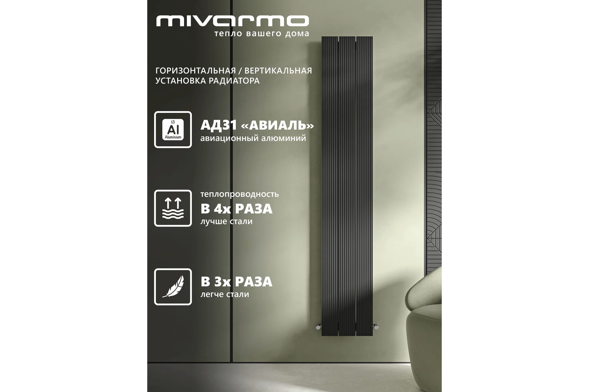 Вертикальный трубчатый радиатор отопления MIVARMO алюминиевый, 3 секции, RAL 9005 (черный муар), 200 см MB3-2000-9005