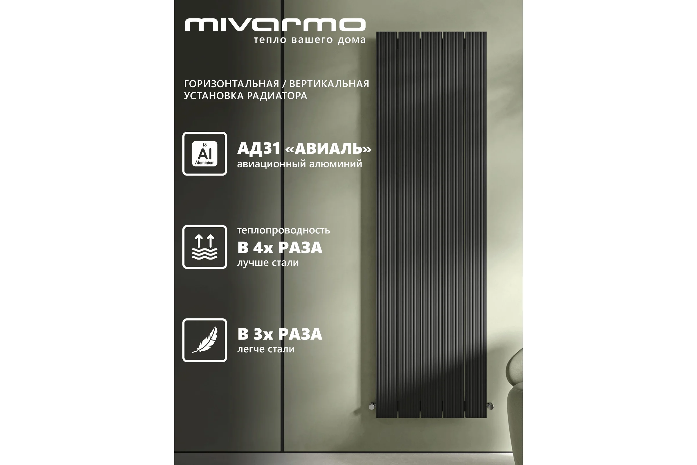 Вертикальный трубчатый радиатор отопления MIVARMO алюминиевый, 5 секций, RAL 9005 (черный муар), 200 см MB5-2000-9005