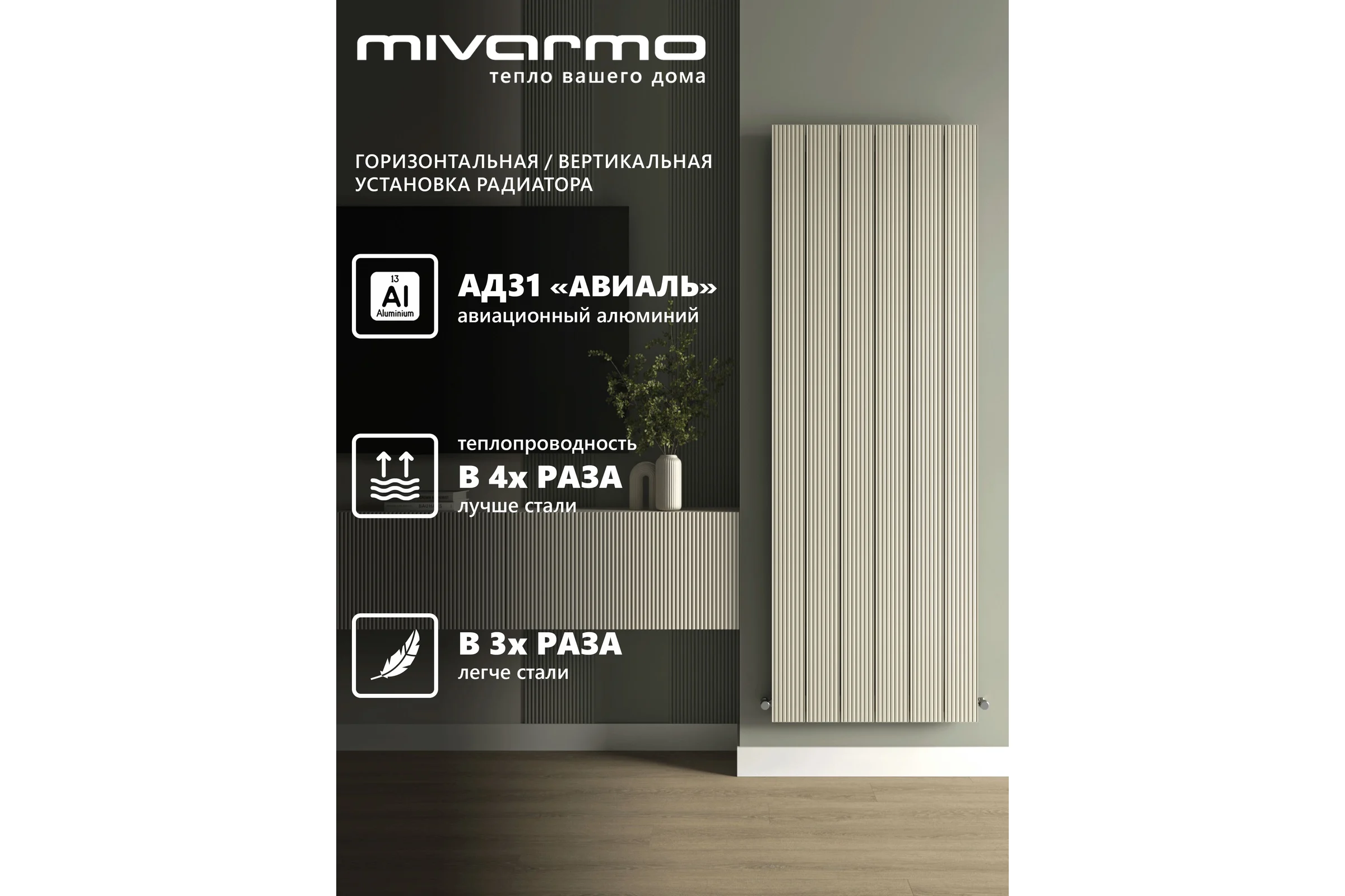 Вертикальный трубчатый радиатор отопления MIVARMO алюминиевый, 6 секций, RAL 1013 (жемчужно-белый), 175 см MB6-1750-1013