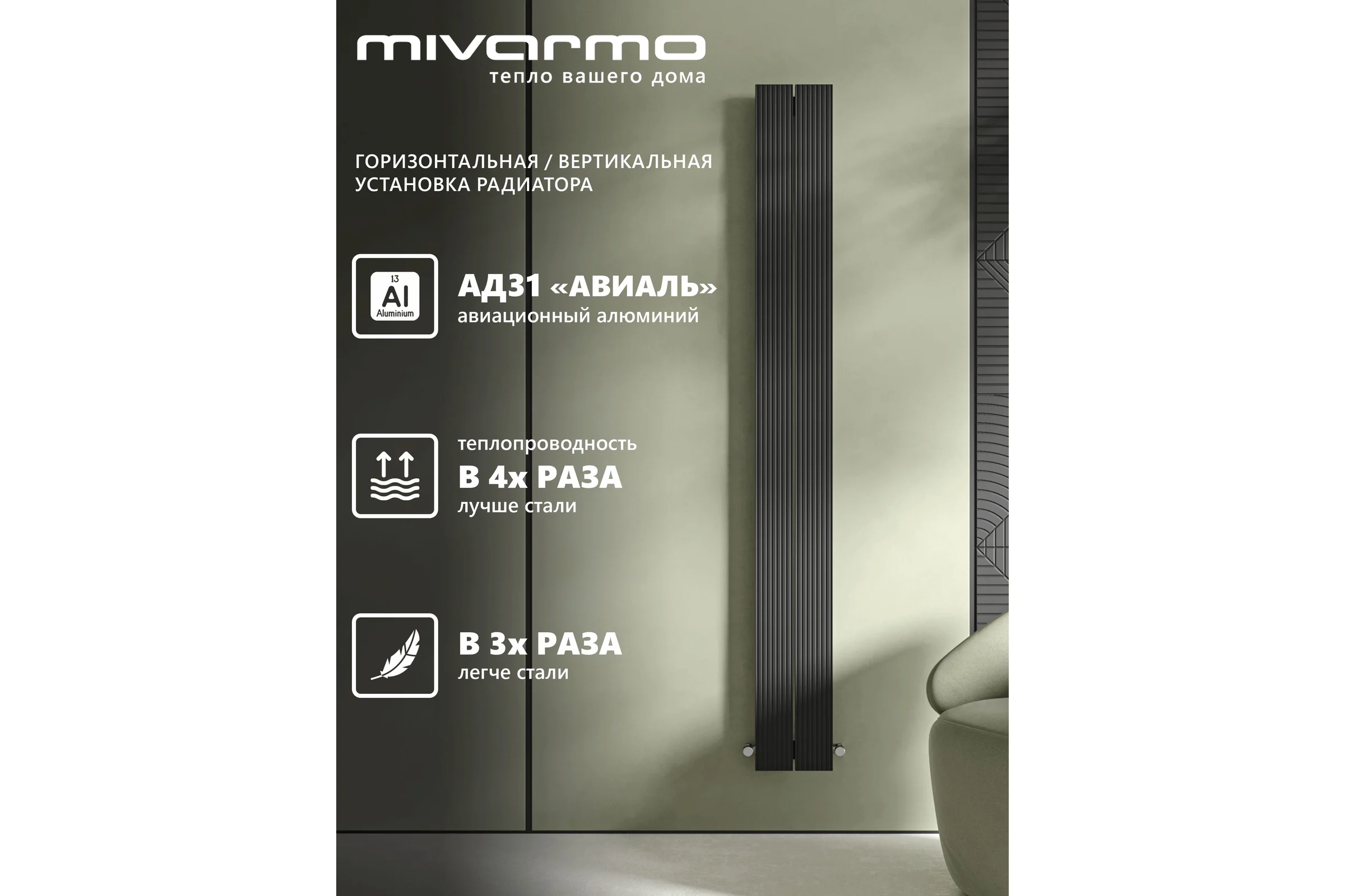 Вертикальный трубчатый радиатор отопления MIVARMO алюминиевый, 2 секции, RAL 9005 (черный муар), 175 см MB2-1750-9005