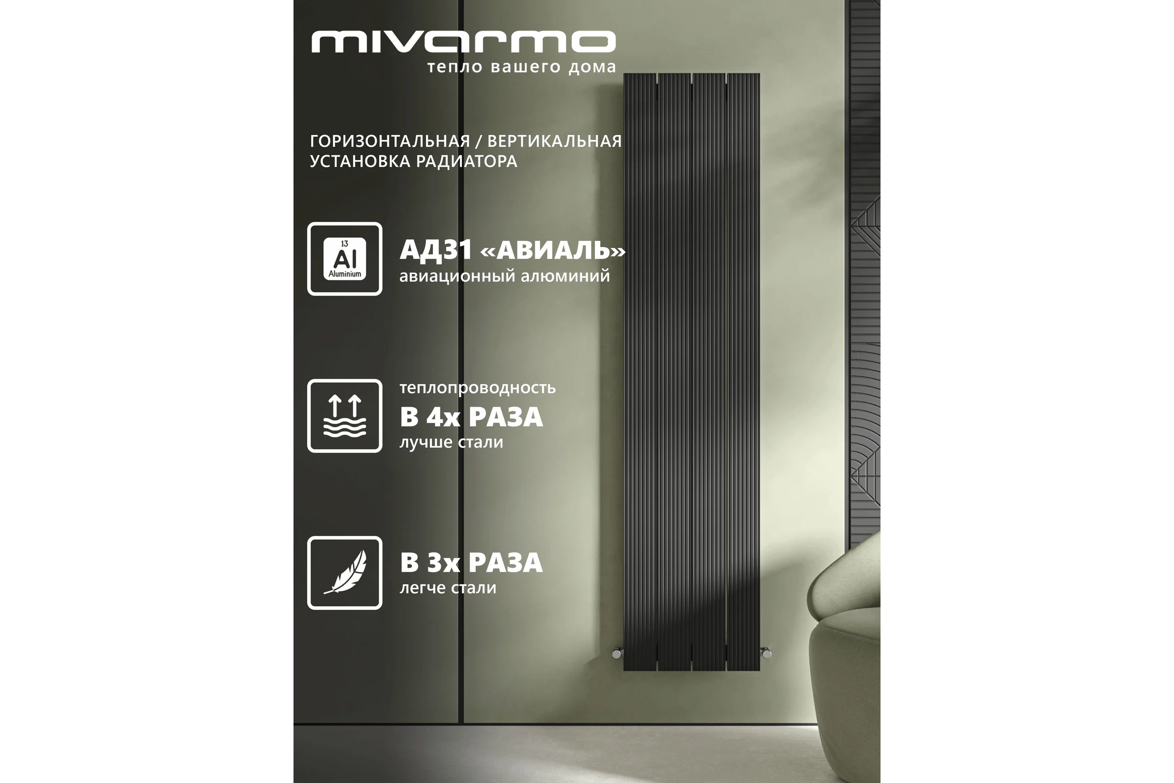 Вертикальный трубчатый радиатор отопления MIVARMO алюминиевый, 4 секции, RAL 9005 (черный муар), 200 см MB4-2000-9005