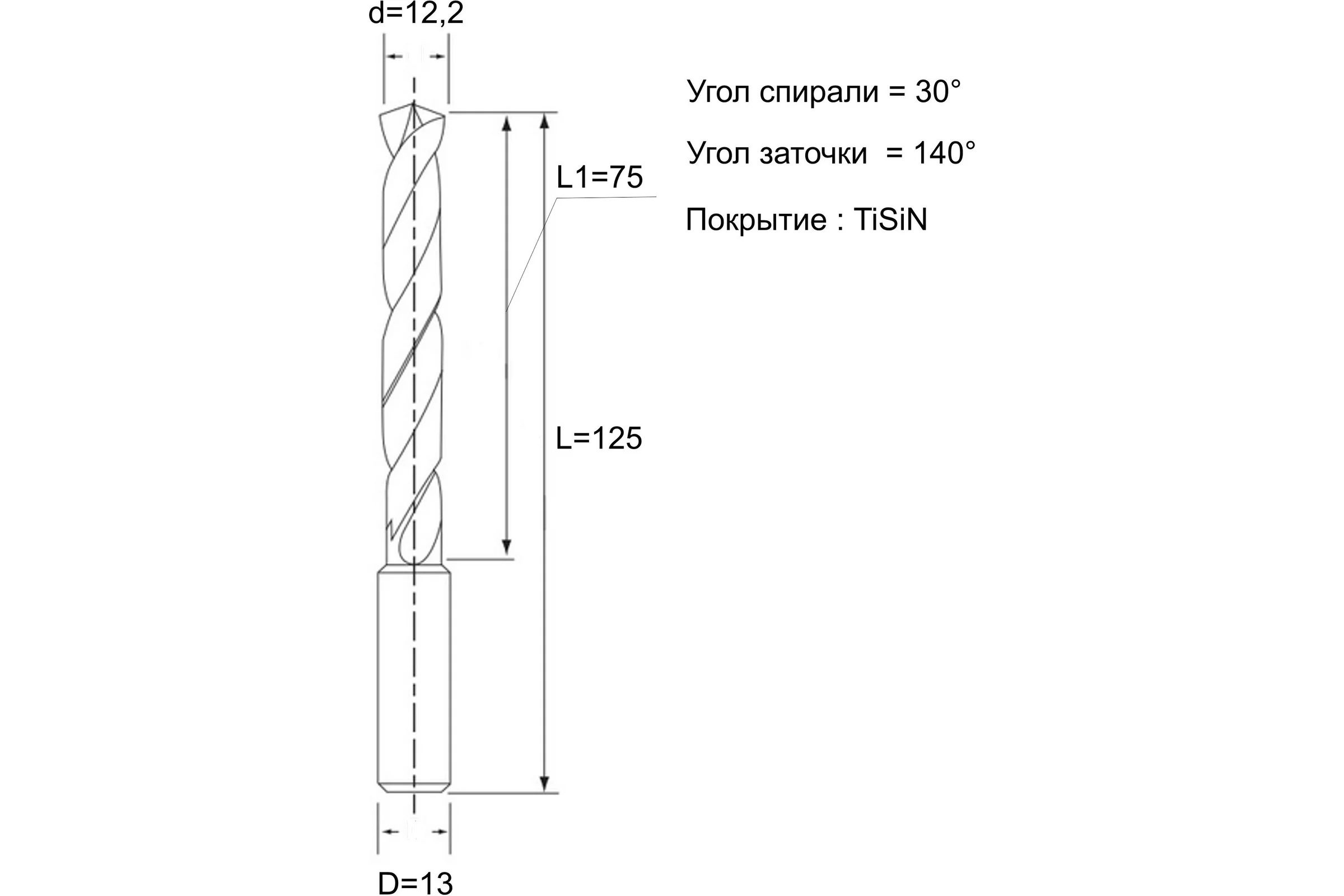 Сверло по металлу твердосплавное CNCTOOL VHM 12.2х75х125, хв.13 D55-TiSiN 184092