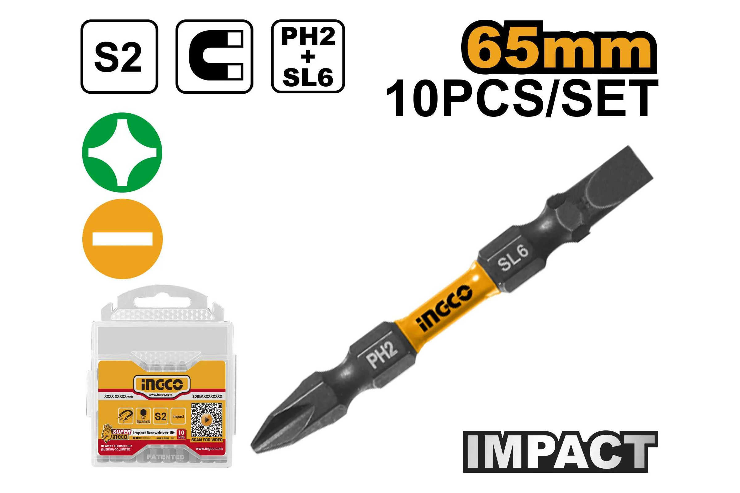 Набор бит двухсторонних INGCO PH2+SL6 65 мм 10 шт INDUSTRIAL SDBIM21HL133