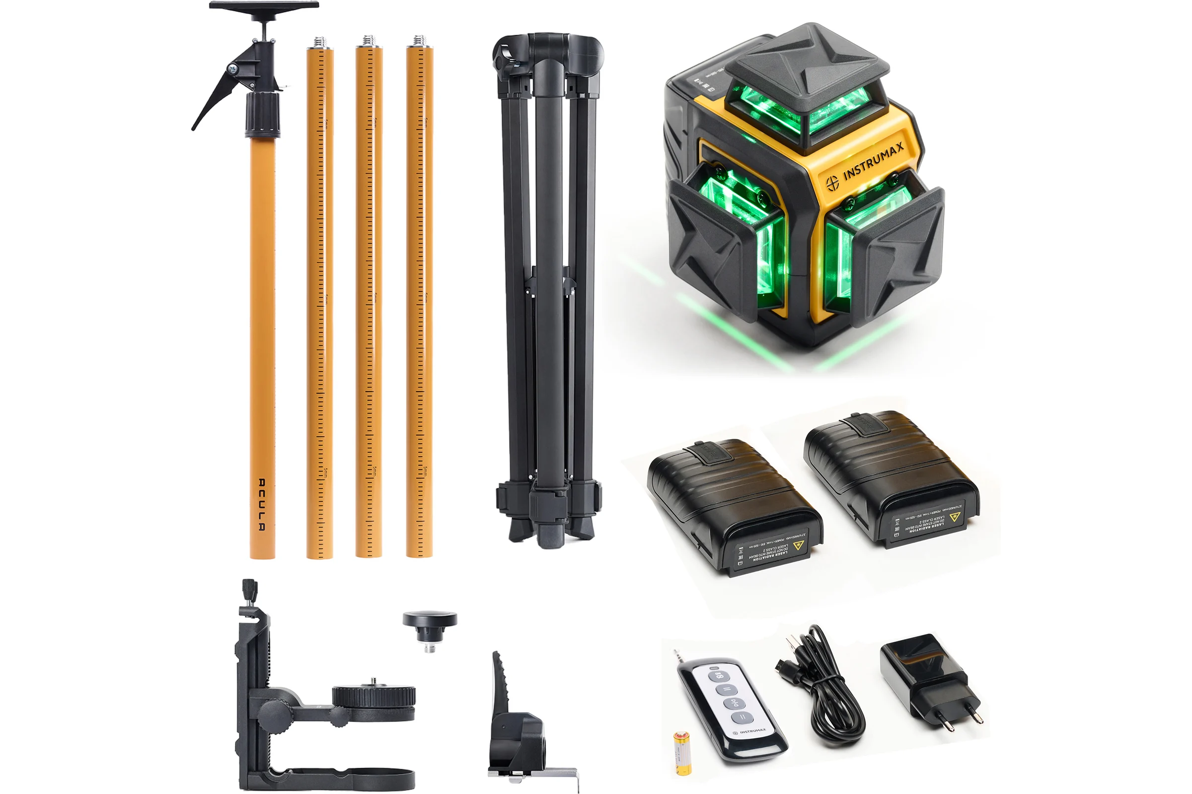 Комплект профессионального лазерного уровня INSTRUMAX LINEPRO 3D BAZA Set+Штанга для лазерного уровня с треногой ACULA STAND 3200 OPTIMA SET (макс. высота 3,2 м, магнит. крепление, резьба 1/4, 5/8, микролифт, плавный поворот) (2 АКБ, пульт ду) IM0237