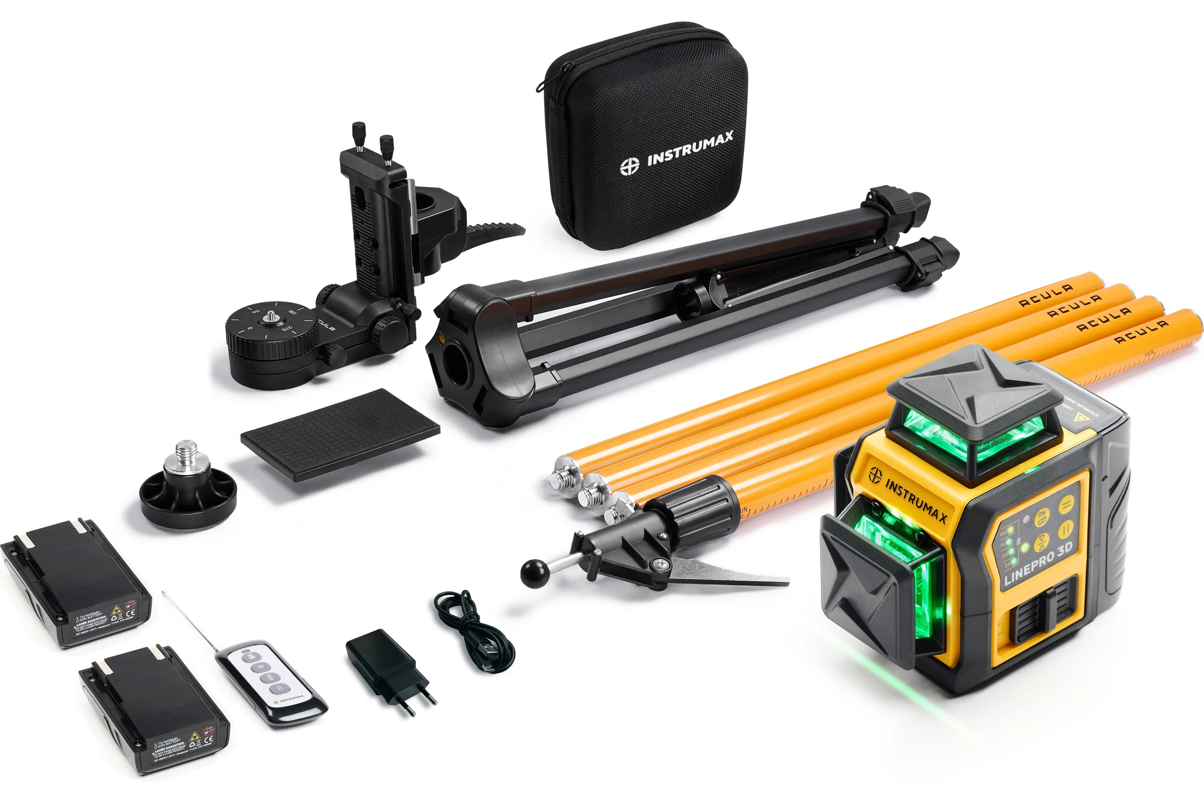 Комплект профессионального лазерного уровня INSTRUMAX LINEPRO 3D BAZA Set+Штанга для лазерного уровня с треногой ACULA STAND 3200 OPTIMA SET (макс. высота 3,2 м, магнит. крепление, резьба 1/4, 5/8, микролифт, плавный поворот) (2 АКБ, пульт ду) IM0237