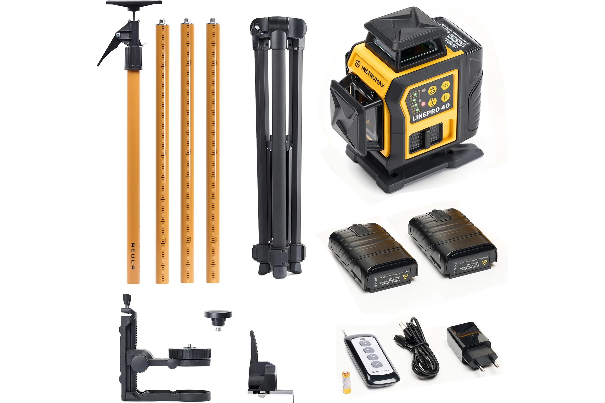 Комплект профессионального лазерного уровня INSTRUMAX LINEPRO 4D BAZA Set+Штанга для лазерного уровня с треногой ACULA STAND 3200 OPTIMA SET (макс. высота 3,2 м, магнит. крепление, резьба 1/4, 5/8, микролифт, плавный поворот) (2 АКБ, пульт ду) IM0238