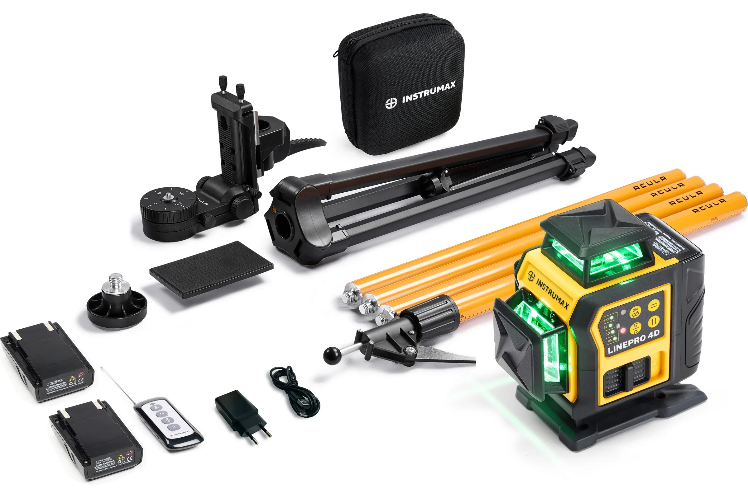 Комплект профессионального лазерного уровня INSTRUMAX LINEPRO 4D BAZA Set+Штанга для лазерного уровня с треногой ACULA STAND 3200 OPTIMA SET (макс. высота 3,2 м, магнит. крепление, резьба 1/4, 5/8, микролифт, плавный поворот) (2 АКБ, пульт ду) IM0238