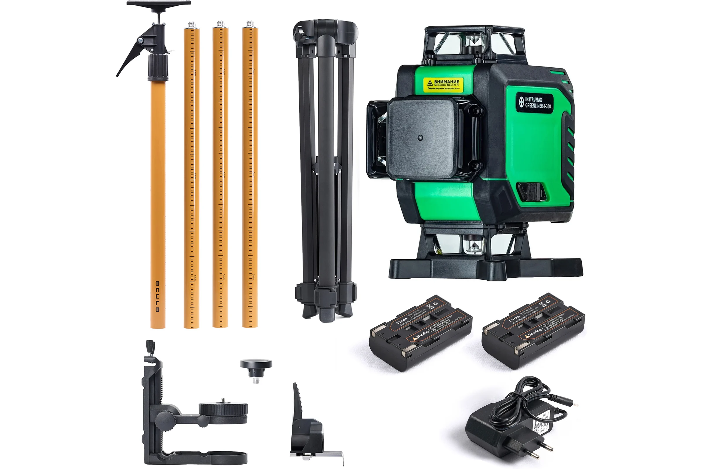 Профессиональный комплект INSTRUMAX Лазерный уровень GL 4-360 BAZA SET+Штанга для лазерного уровня с треногой ACULA STAND 3200 OPTIMA SET (макс. высота 3,2 м, магнит. крепление, резьба 1/4, 5/8, микролифт, плавный поворот) (2 АКБ, пульт ду) IM0240
