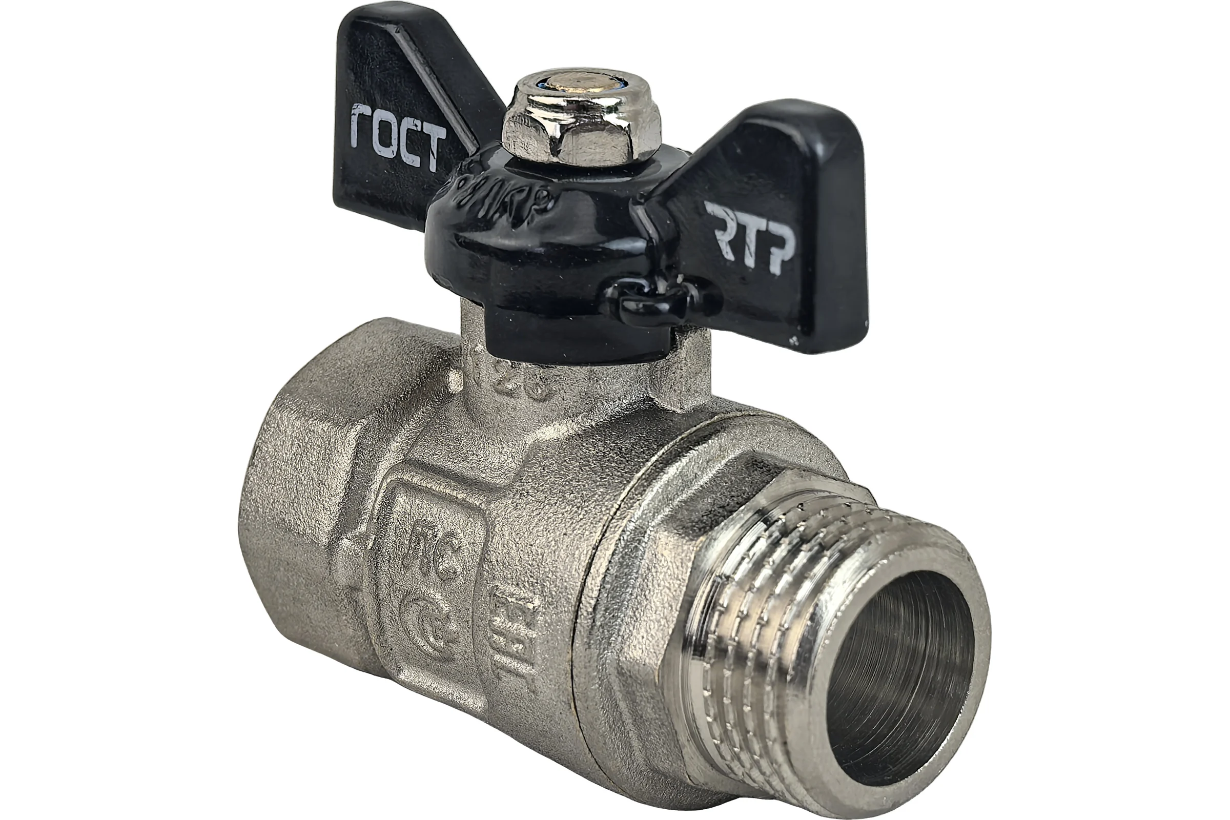 Кран шаровой RTP ГОСТ 1'' латунный внутренняя/наружная резьба PN 40, ручка бабочка 49310