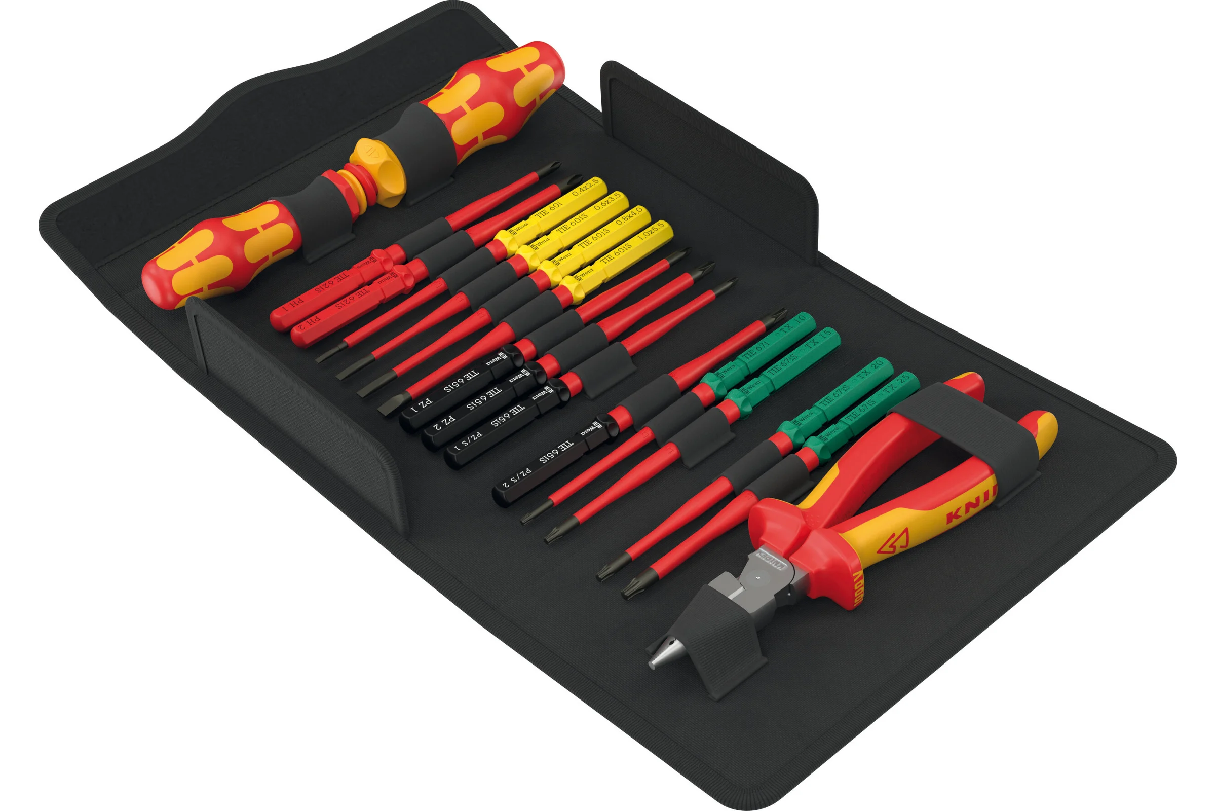Набор насадок с 2 отвёртками-битодержателями и Пассатижи KNIPEX 08 26 185 WERA Kraftform Kompakt VDE 17 extra slim 2 Tool finder 17 предметов WE-006610