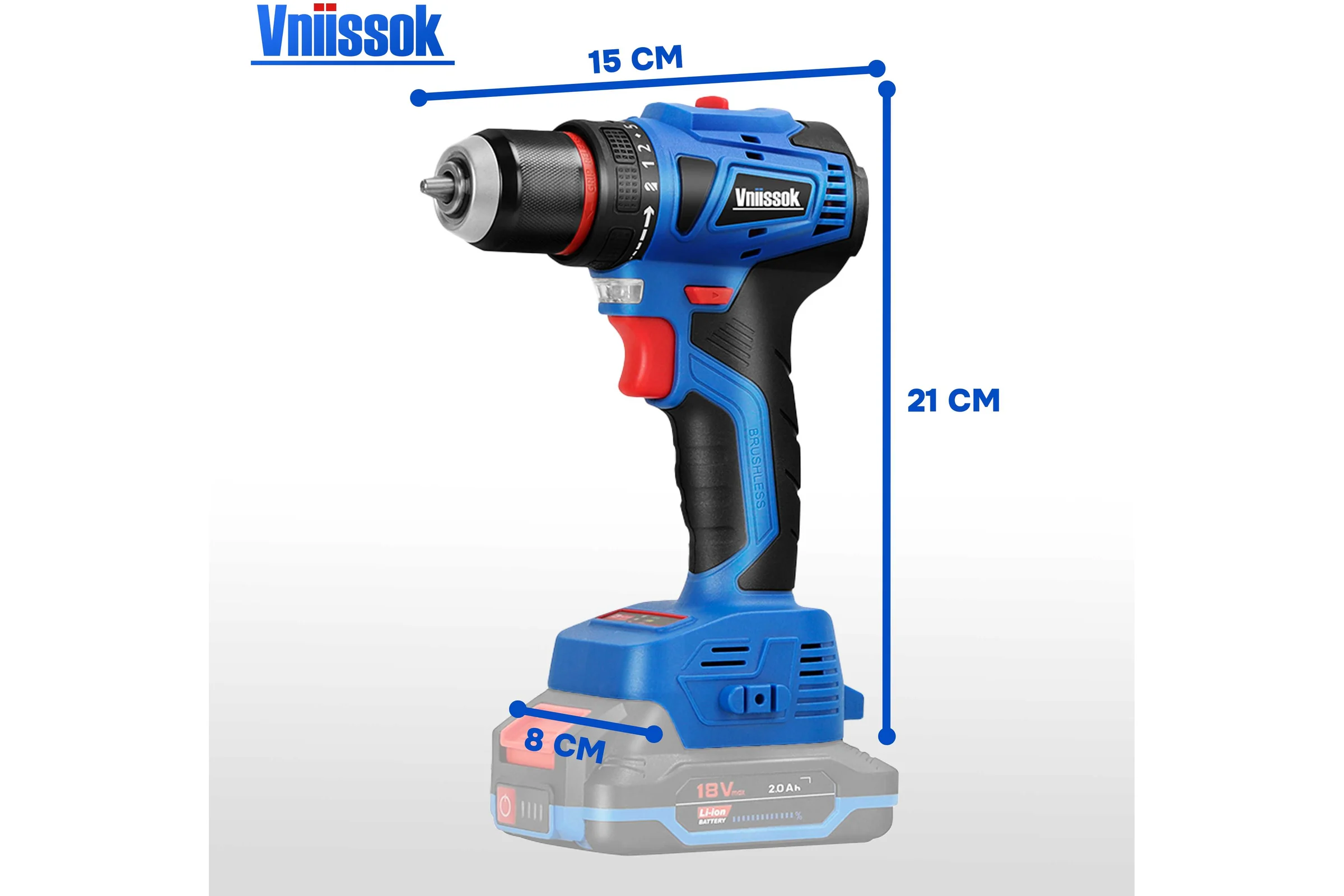 Аккумуляторный бесщеточный шуруповерт Vniissok V-18, 18 В, Li-ion, 2 аккумулятора 2,0 А·ч, 40 Нм, зарядное устройство, 0,8-10 мм, магнитная бита, в кейсе V0018
