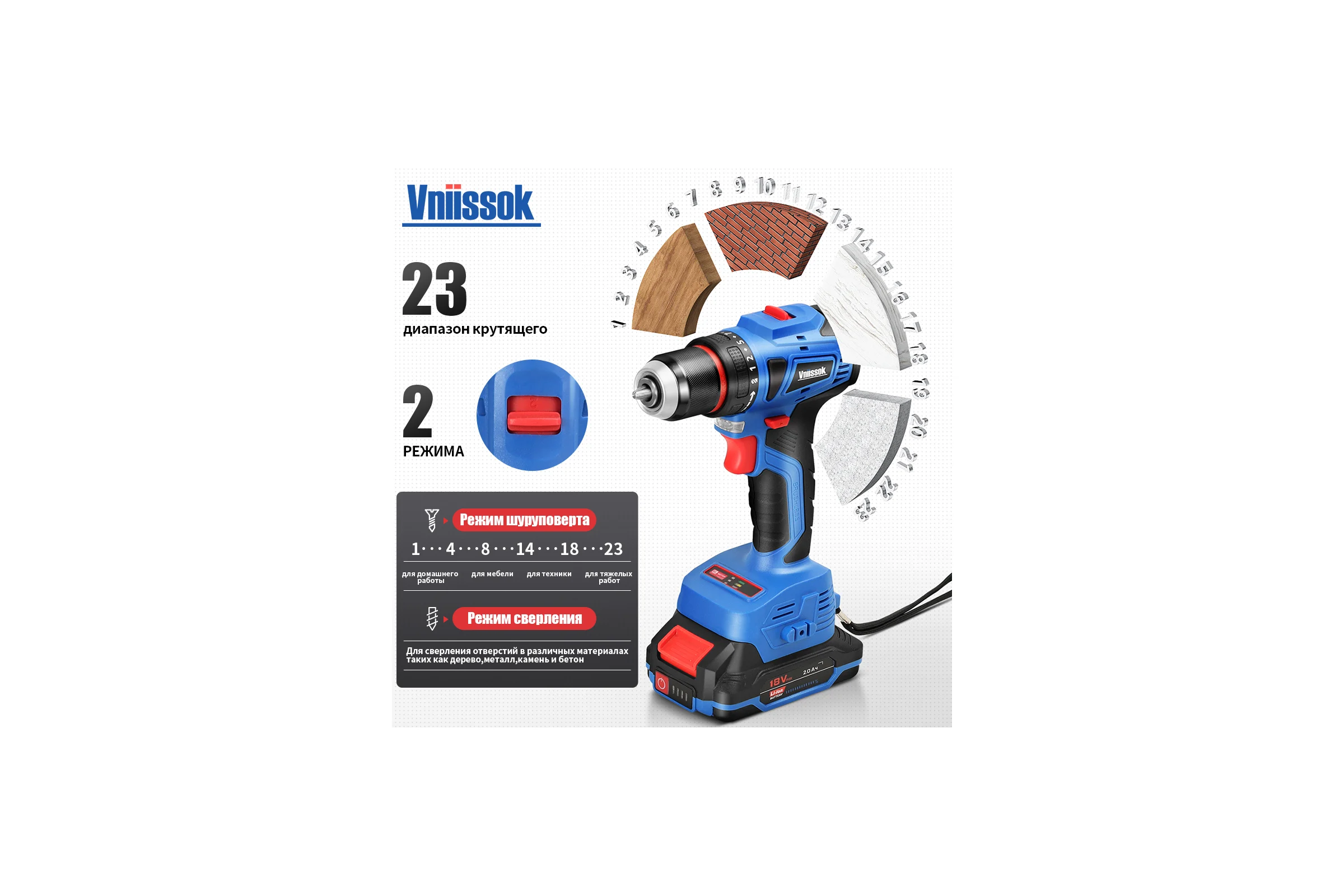 Аккумуляторный бесщеточный шуруповерт Vniissok V-18, 18 В, Li-ion, 2 аккумулятора 2,0 А·ч, 40 Нм, зарядное устройство, 0,8-10 мм, магнитная бита, в кейсе V0018