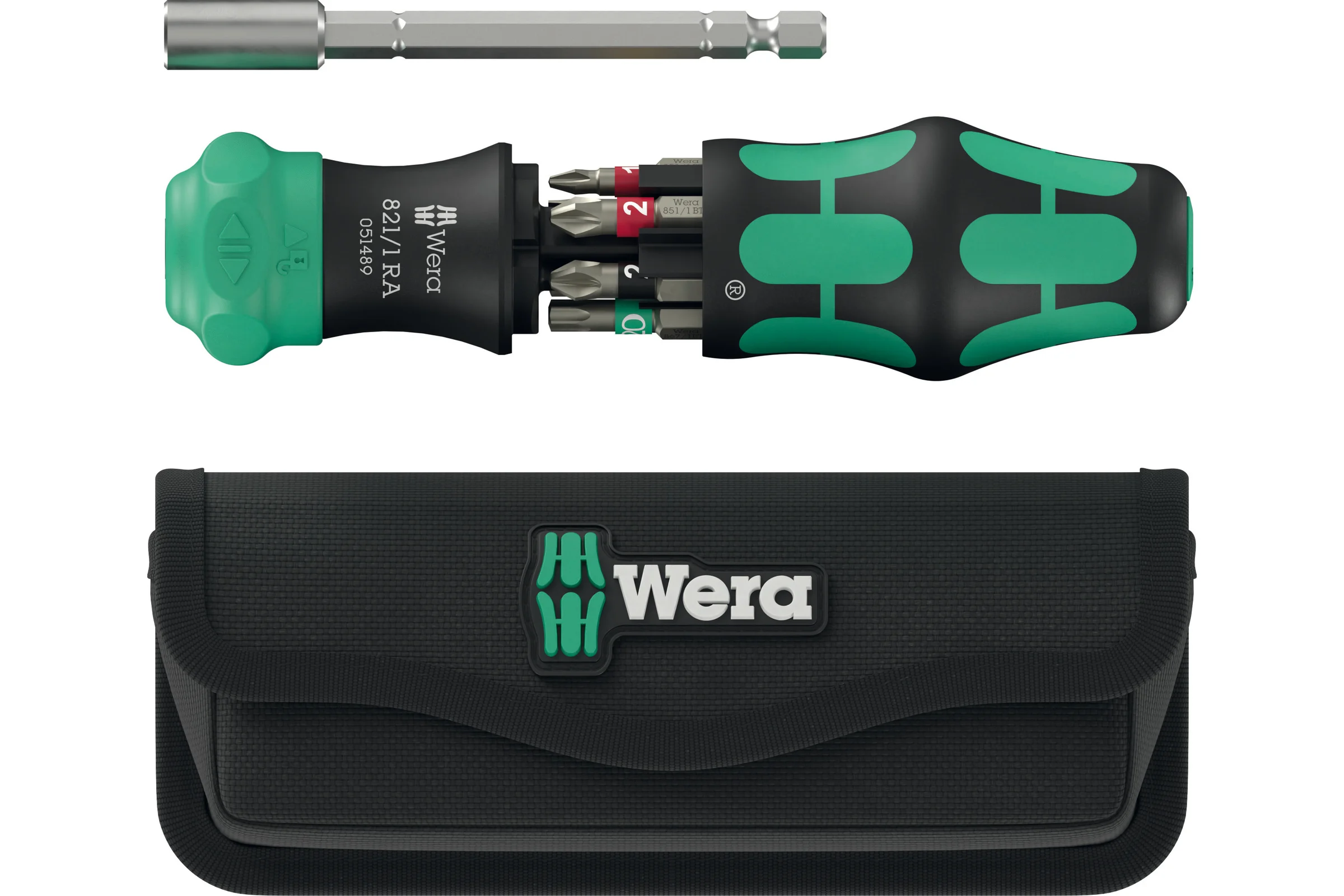 Набор бит с отвёрткой-битодержателем WERA с чехлом, 6 пр., биты 2x 851/1 BTZ PH 1x25 мм, PH 2x25 мм, 1x 855/1 BTZ PZ 2 x 25 мм, 2x 867/1 BTZ TORX TX 20x25 мм, TX 25x25 мм, 1x 800/1 BTZ 0.8 мм x 5.5 мм x 25 мм WE-051520