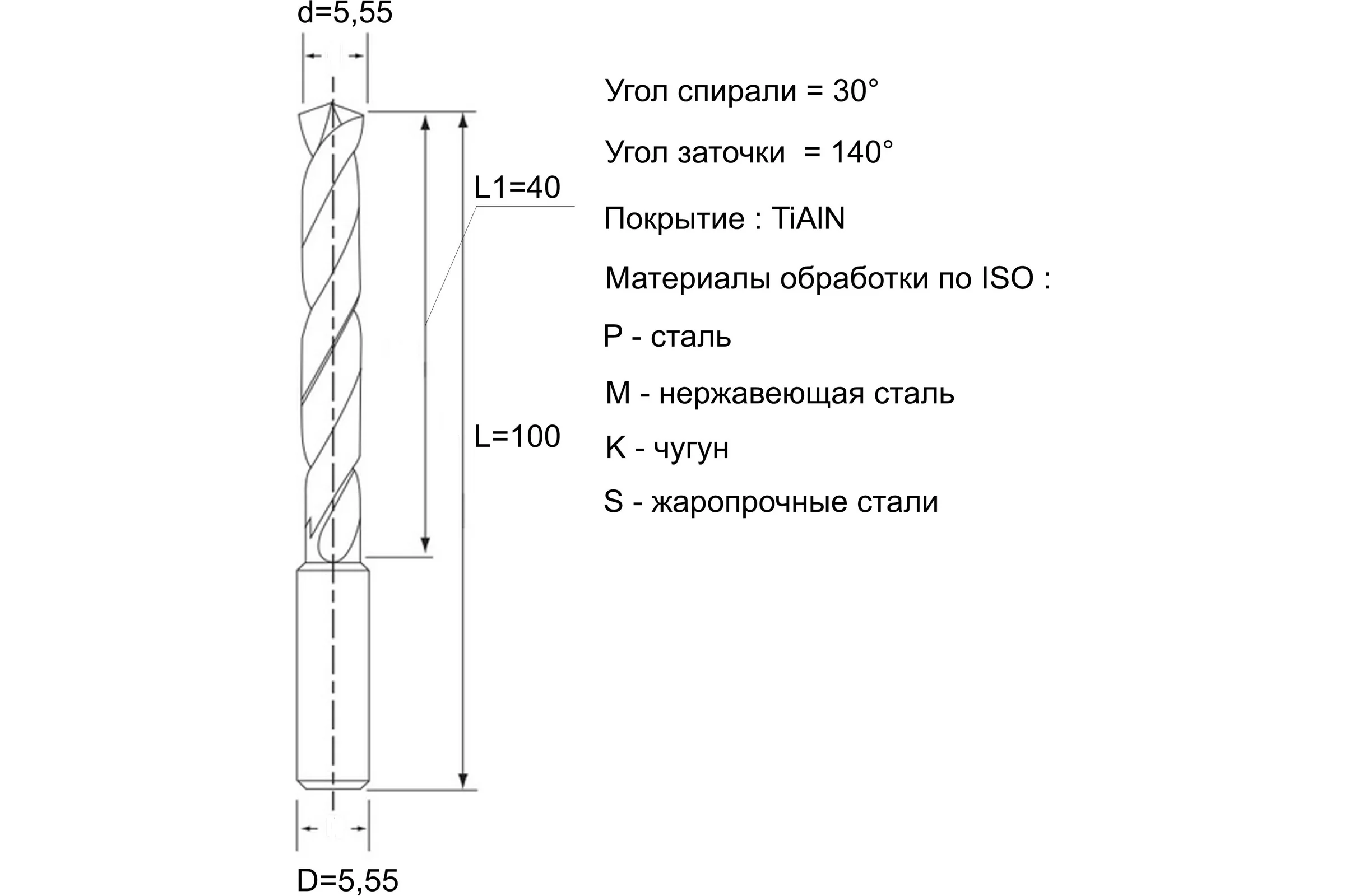 Сверло по металлу твердосплавное CNCTOOL VHM 5,55х40х100, хв.5.55 HTB-TiAlN 185590