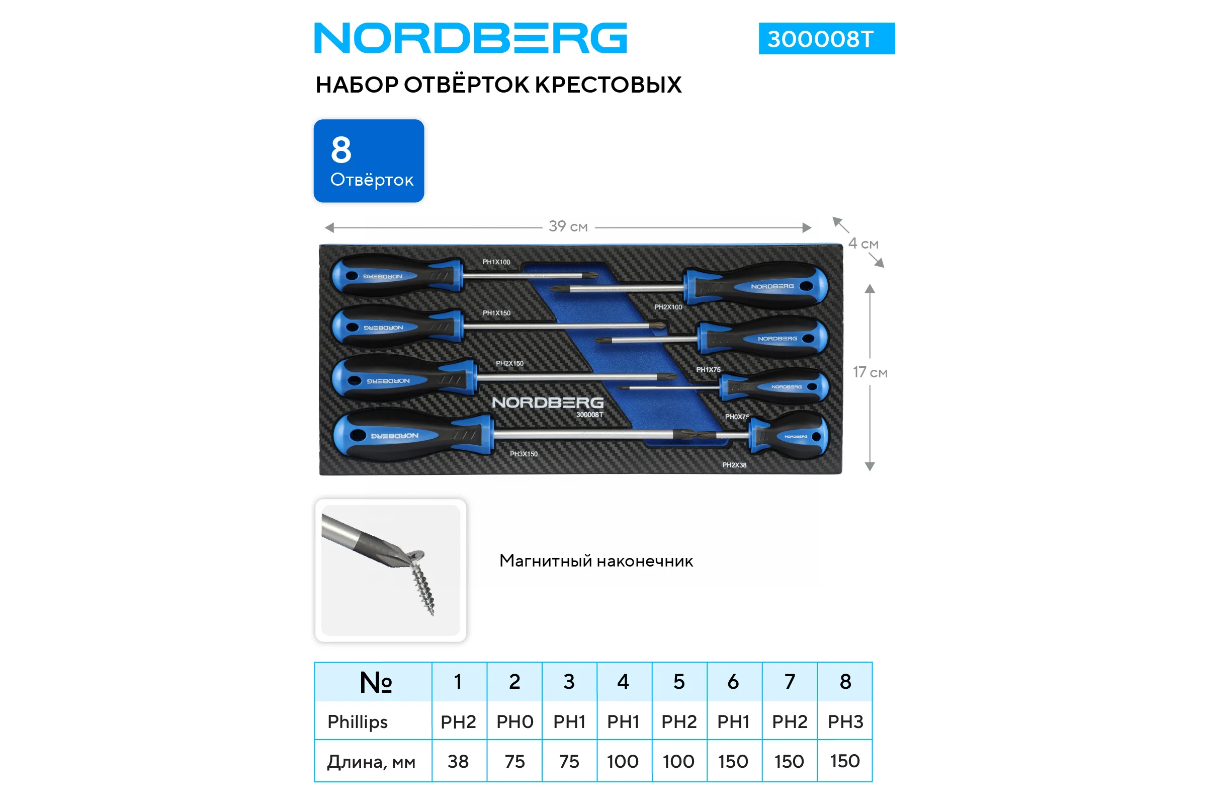 Набор отверток крестовых в ложементе NORDBERG 8 предметов 300008T
