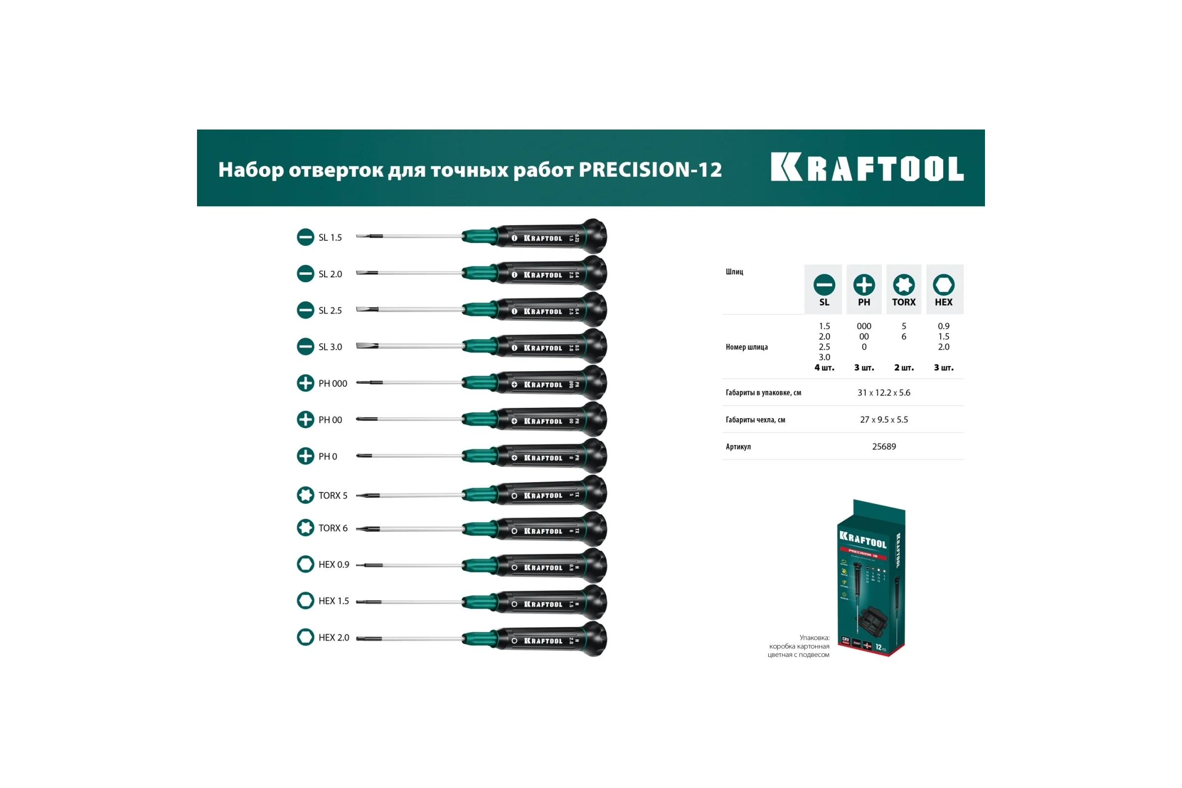 Набор отверток для точных работ 12 шт., KRAFTOOL Precision 12 25689