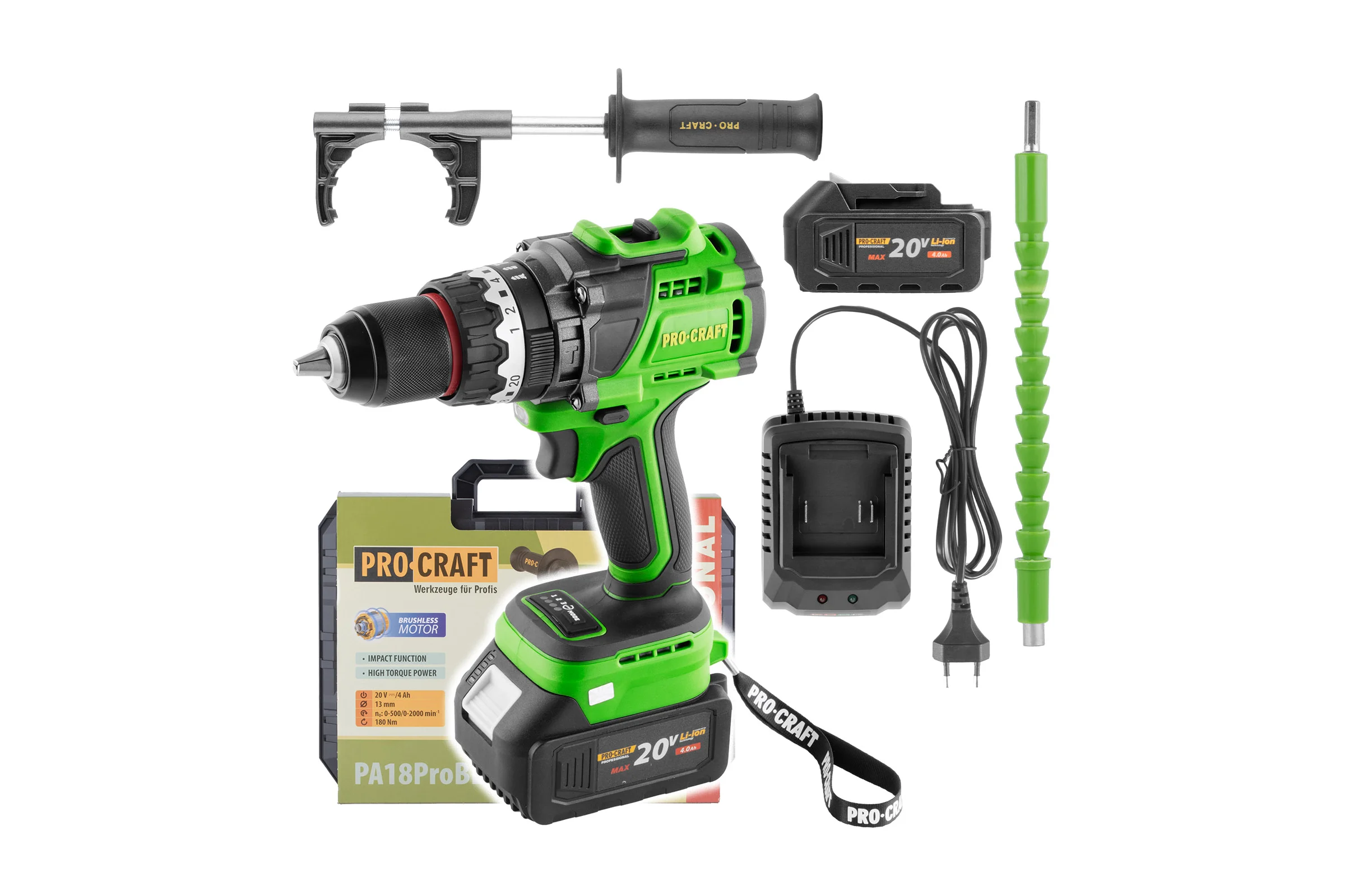 Шуруповерт аккумуляторный Procraft PA18ProBL 20В 180Нм (АКБ 4Ач+ЗУ+Кейс) PA18ProBL-1B-c