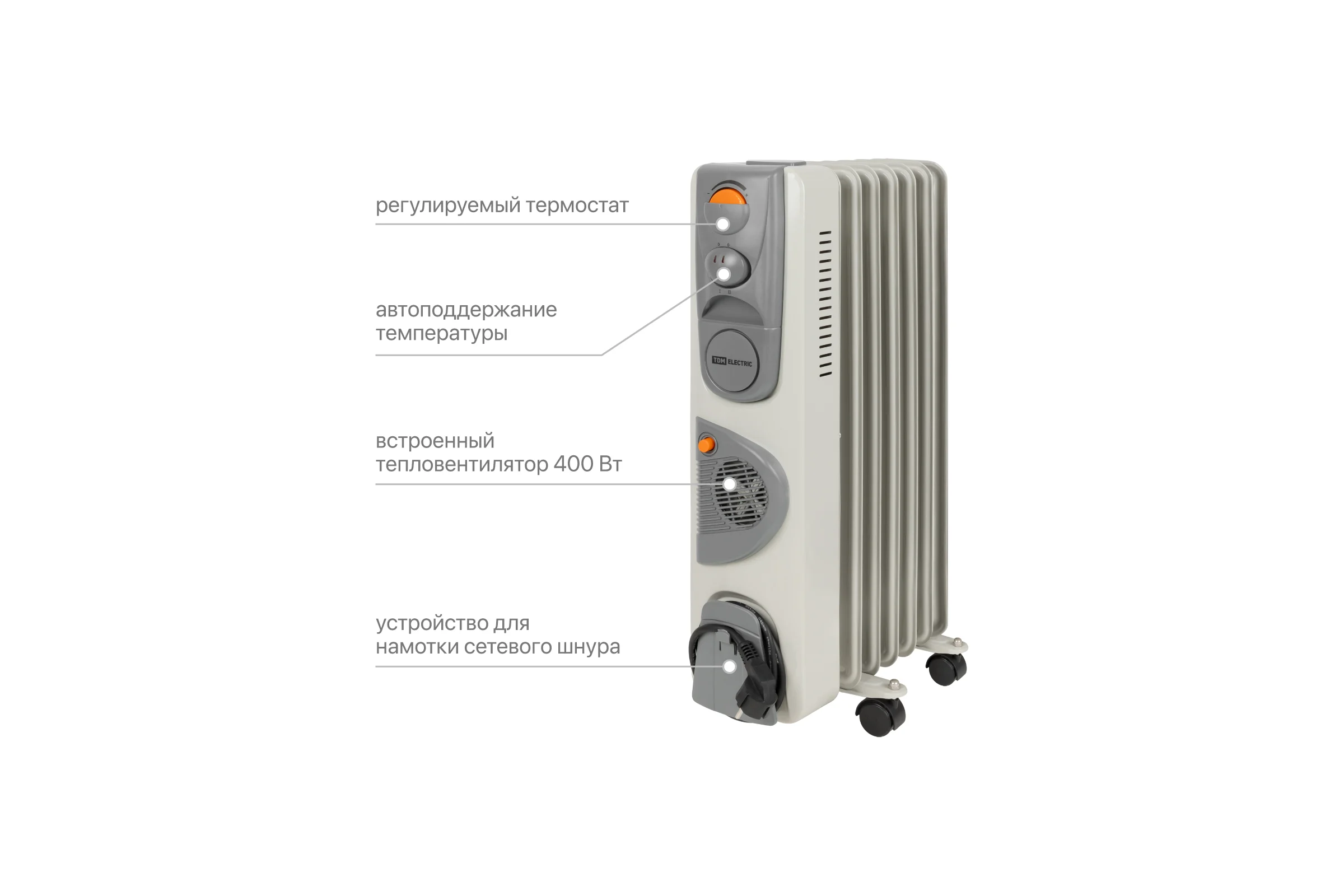Масляный обогреватель TDM ELECTRIC белый, 1500 Вт, 7 сек, вент, регул. мощн. термостат SQ2501-0911