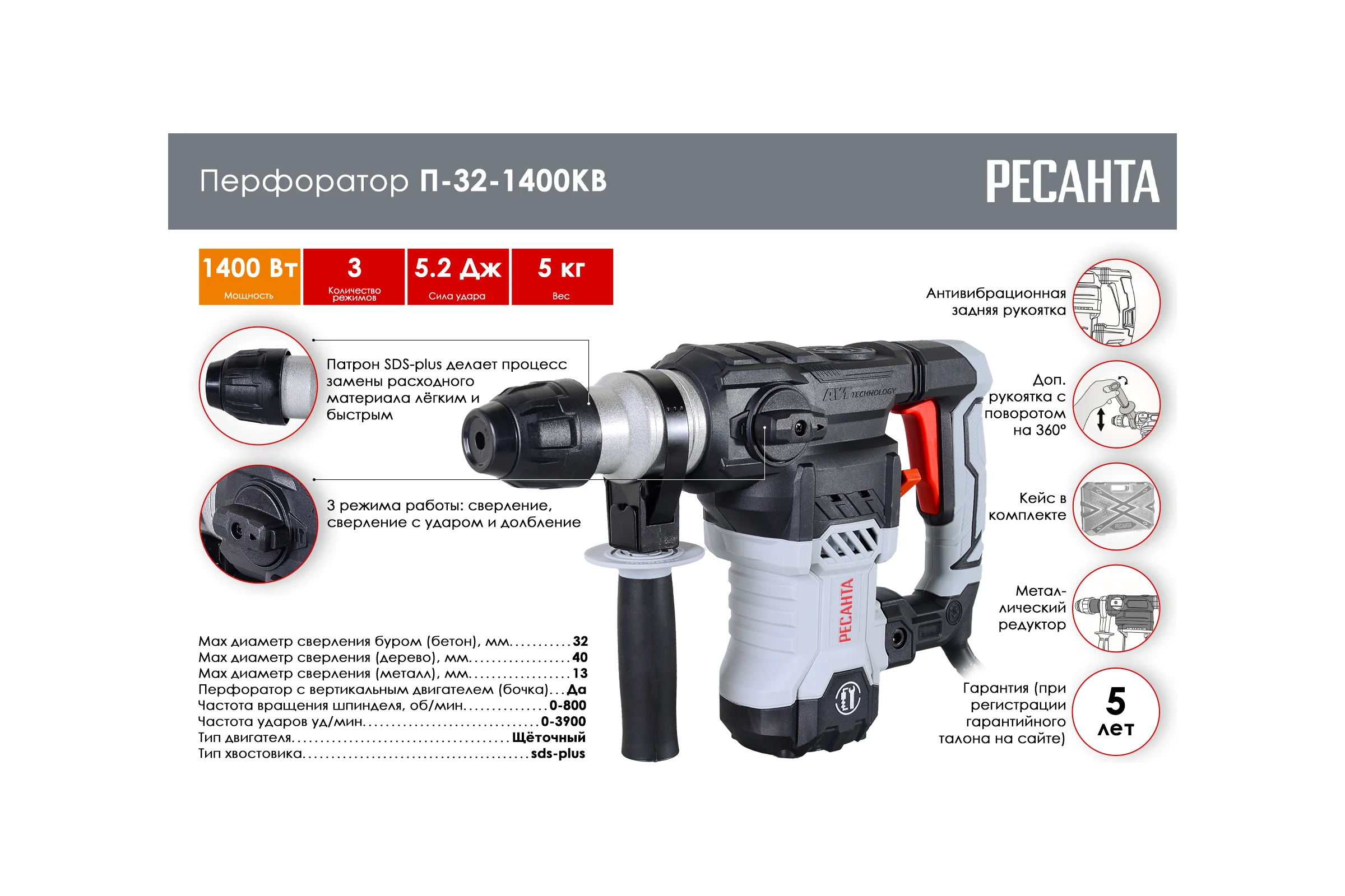 Перфоратор Ресанта П-32-1400КВ 75/3/6