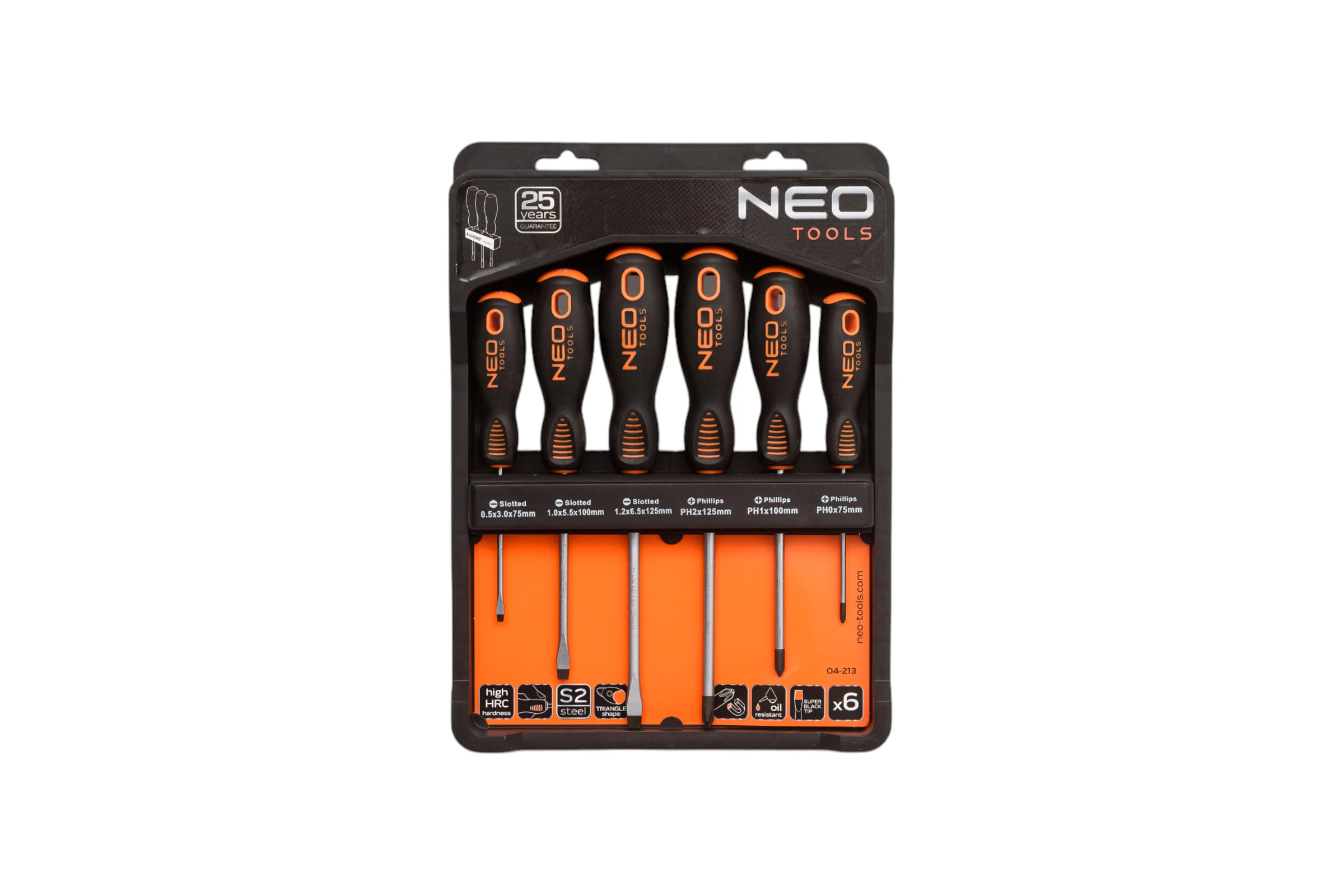 Набор отверток NEO Tools 6 шт, SL/PH, S2, двухкомпонентная рукоятка, на планке 04-213