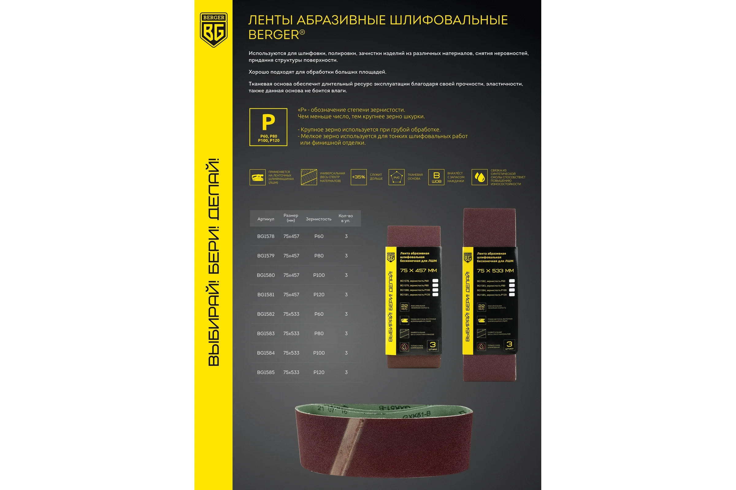 Лента абразивная шлифовальная бесконечная 3 шт, 75x457 мм, P120 для ЛШМ Berger BG BG1581