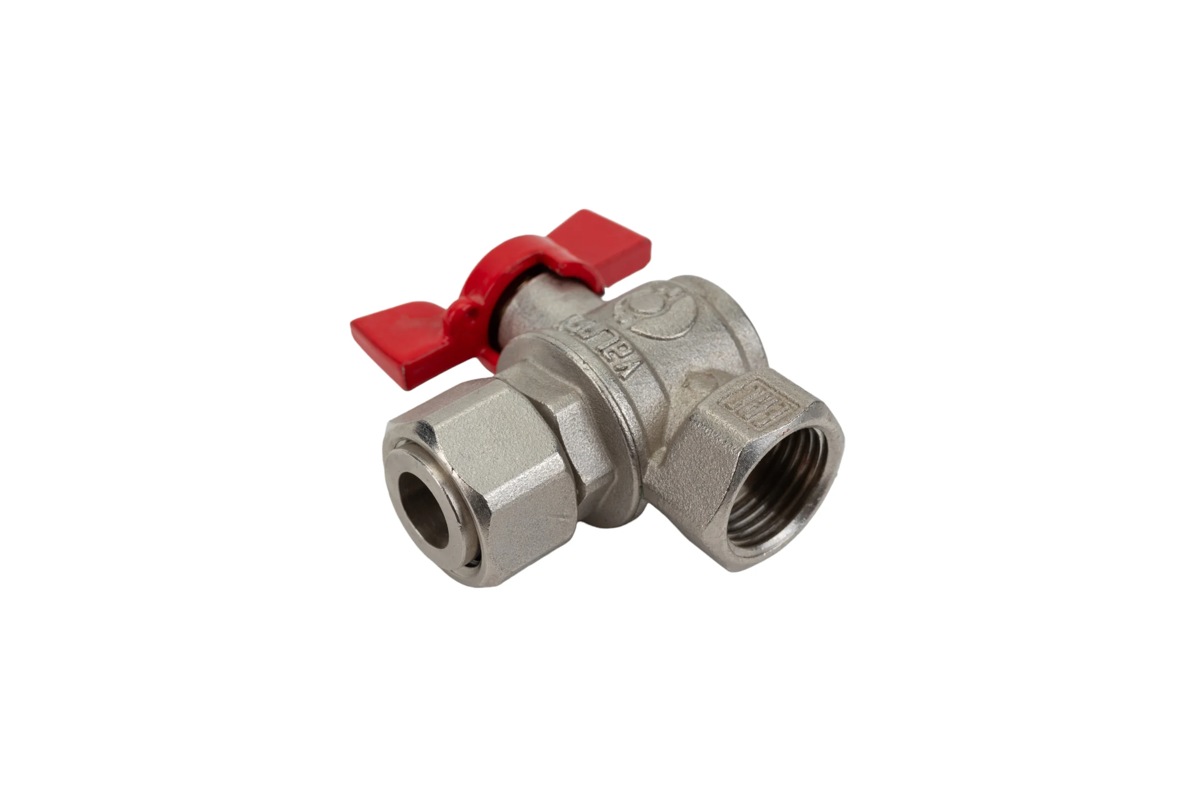 Шаровой кран VALFEX PREMIUM для воды, угловой, с накидной гайкой, 1/2" ВР/ВР, бабочка VF.266.NB1.012.PREMIUM