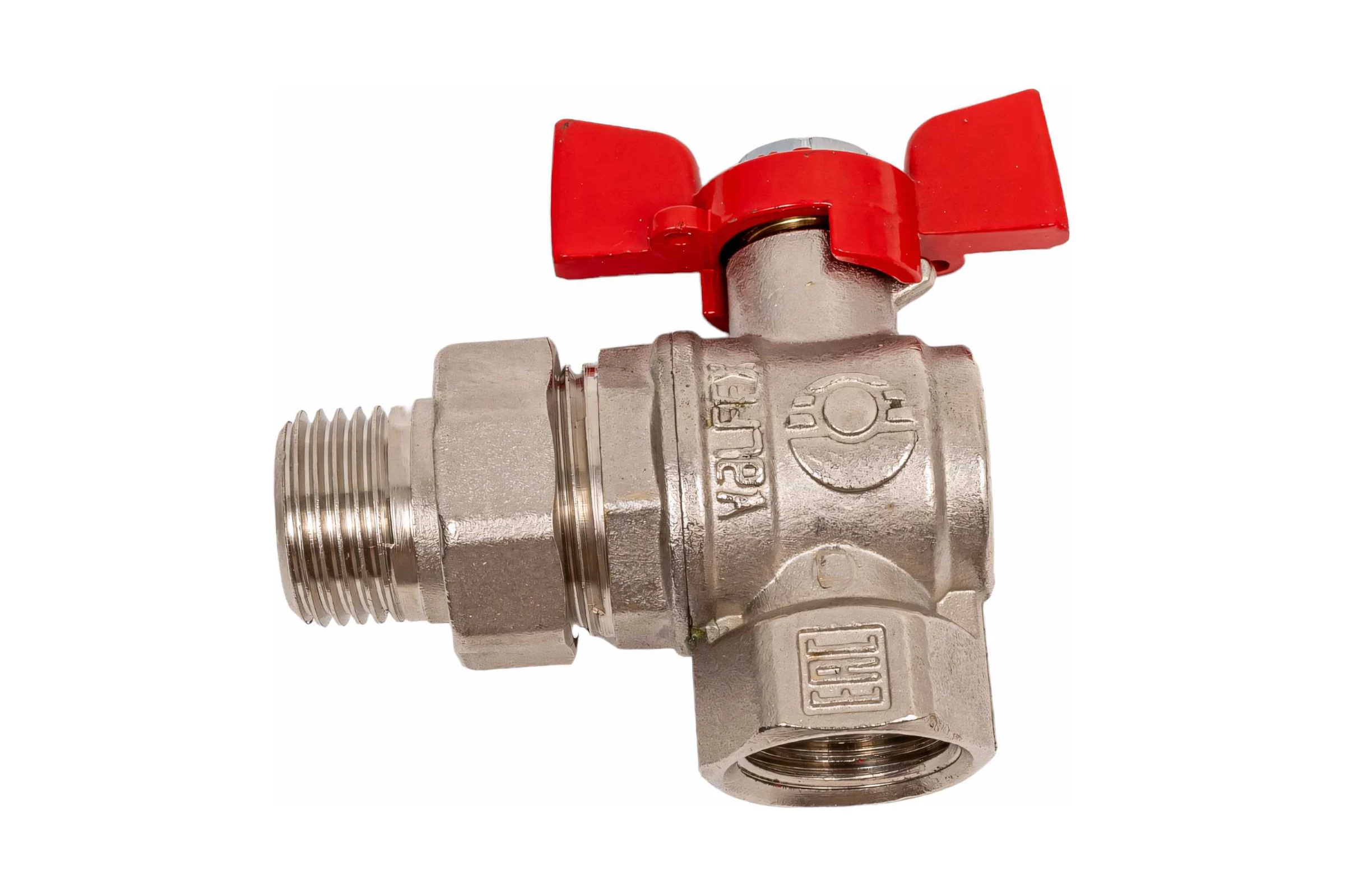 Шаровой кран VALFEX PREMIUM для воды, угловой, с американкой, 1/2" ВР/НР, бабочка VF.269.NB1.012.PREMIUM