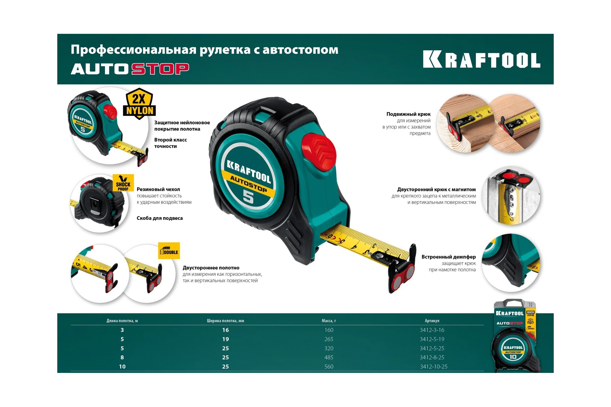 Рулетка с автостопом KRAFTOOL AutoStop 5 м 3412-5-19