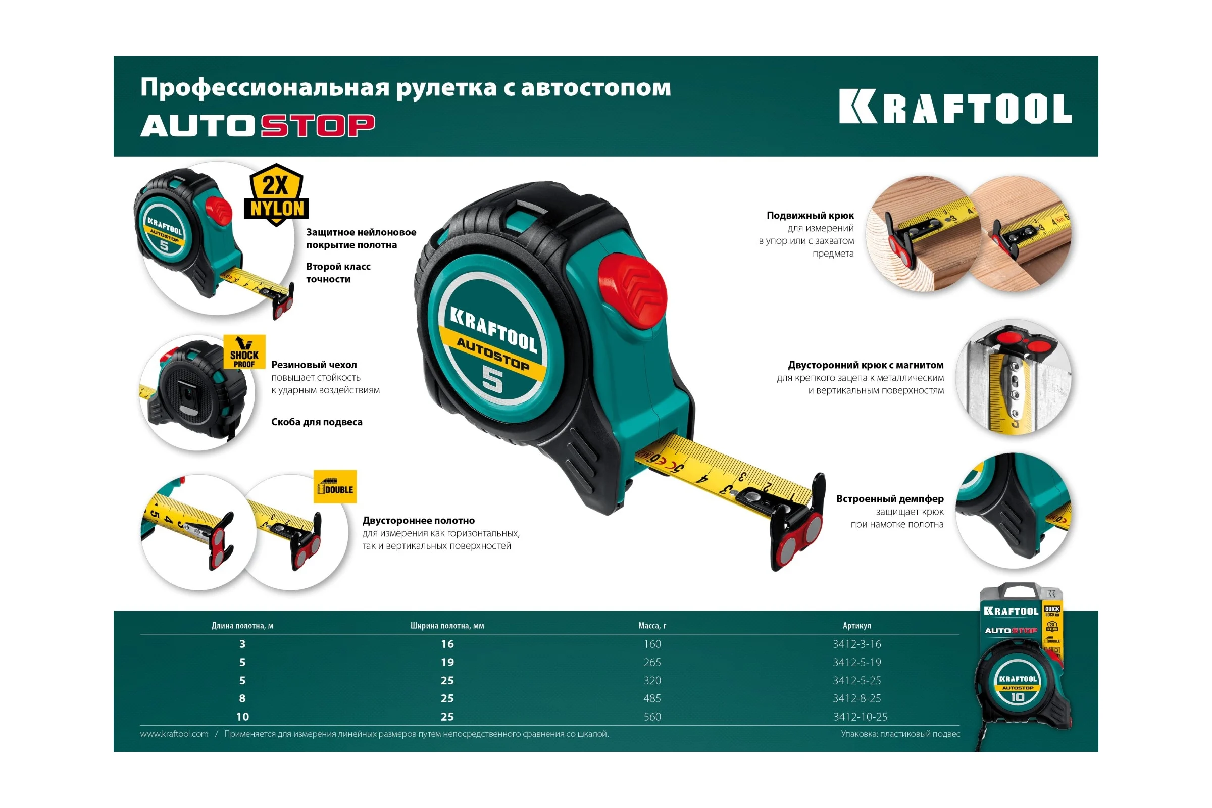 Рулетка с автостопом KRAFTOOL AutoStop 5 м 3412-5-25