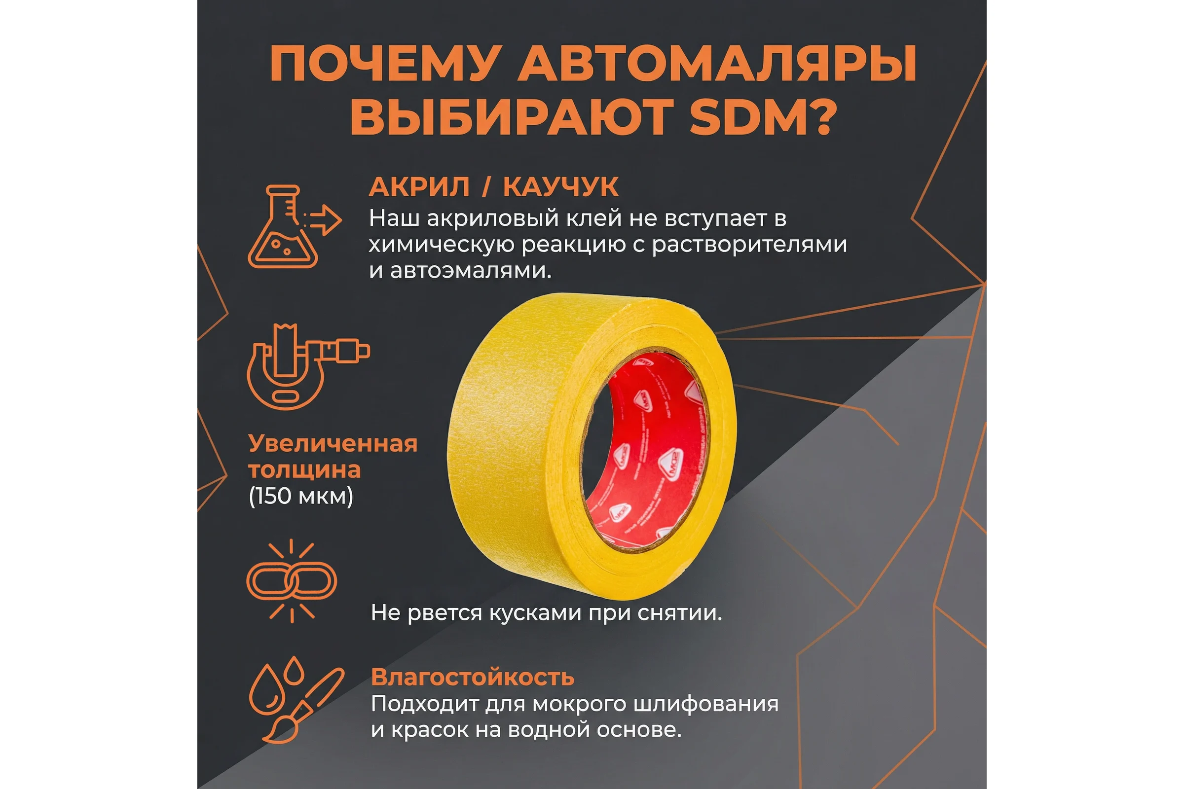 Малярная клейкая лента SDM автомобильная, 50 мм, 25 м 00-00005414