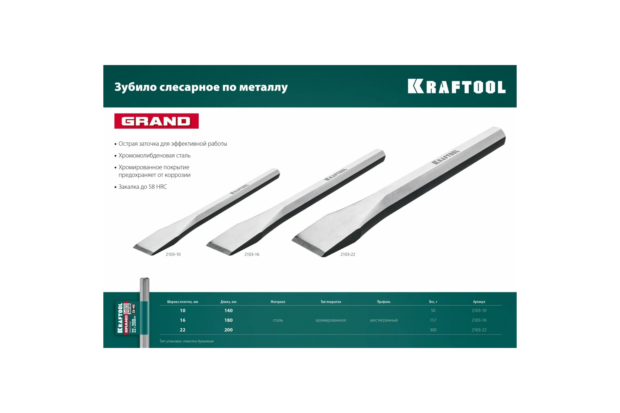 Слесарное зубило по металлу KRAFTOOL Grand 10x140 мм 2103-10