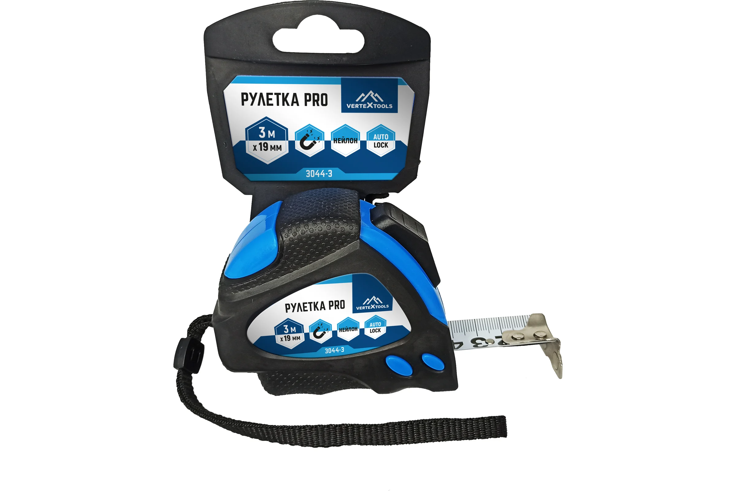 Рулетка vertextools нейлоновая 3х19 мм, автостоп 3044-3
