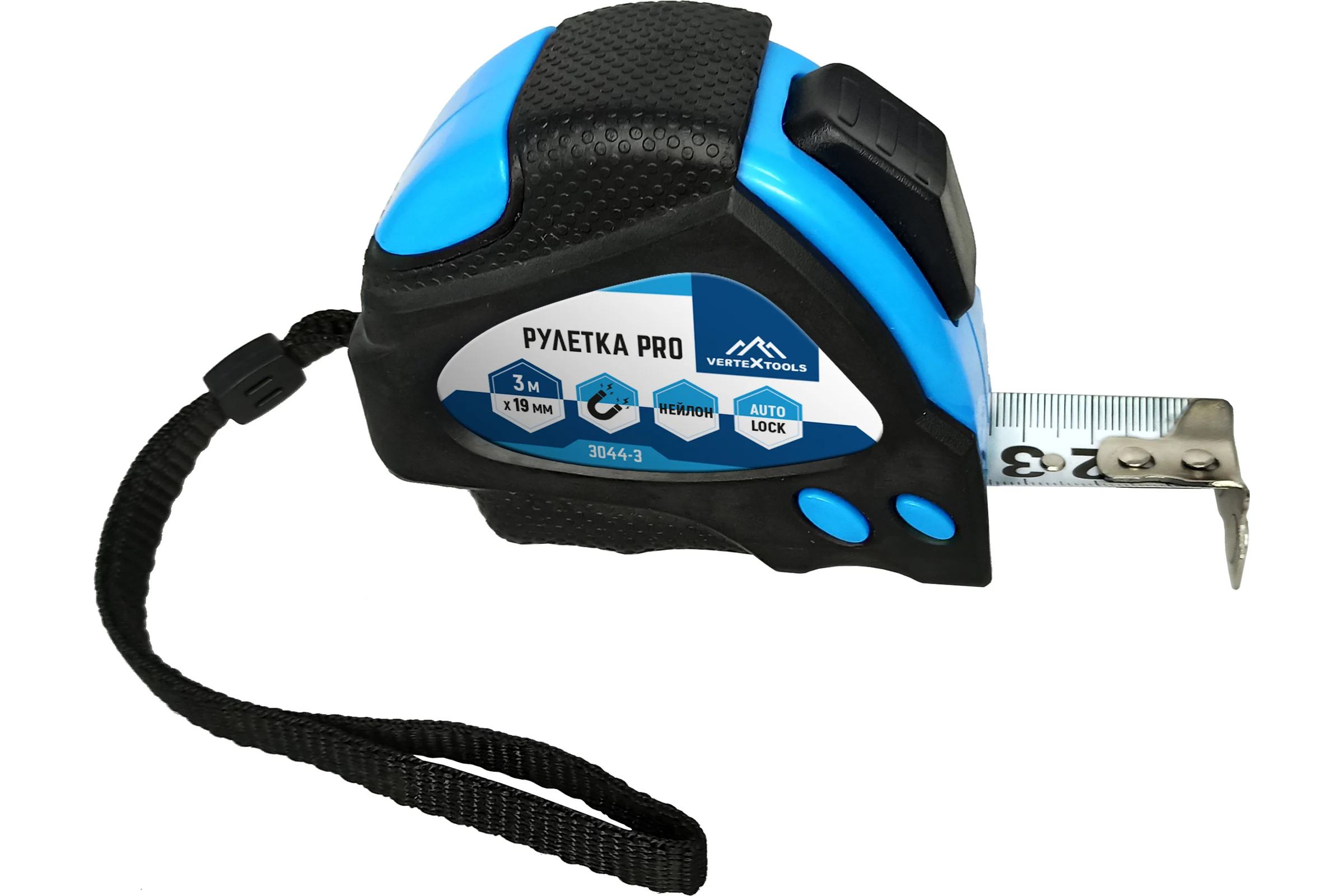 Рулетка vertextools нейлоновая 3х19 мм, автостоп 3044-3
